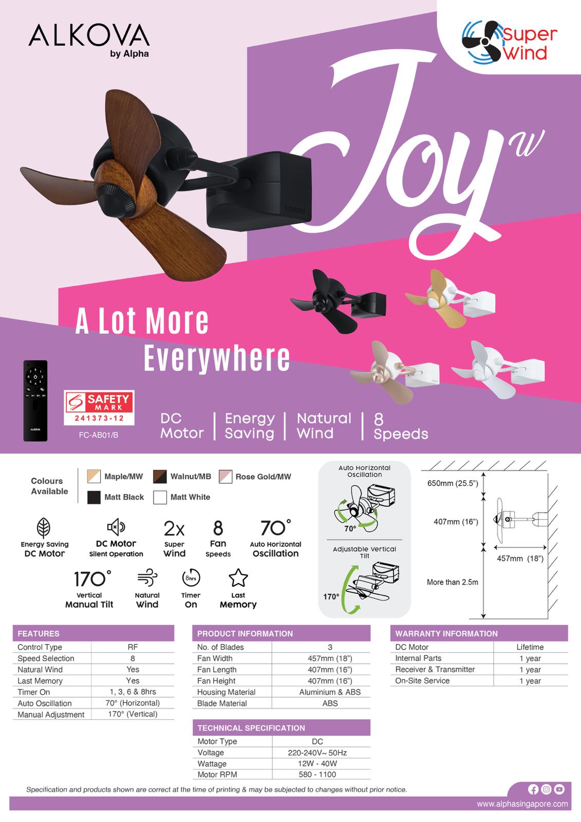 *INSTALLATION AVAILABLE* Alpha Joy W 16" 8 Speeds DC Corner Fan (STRONG WIND)