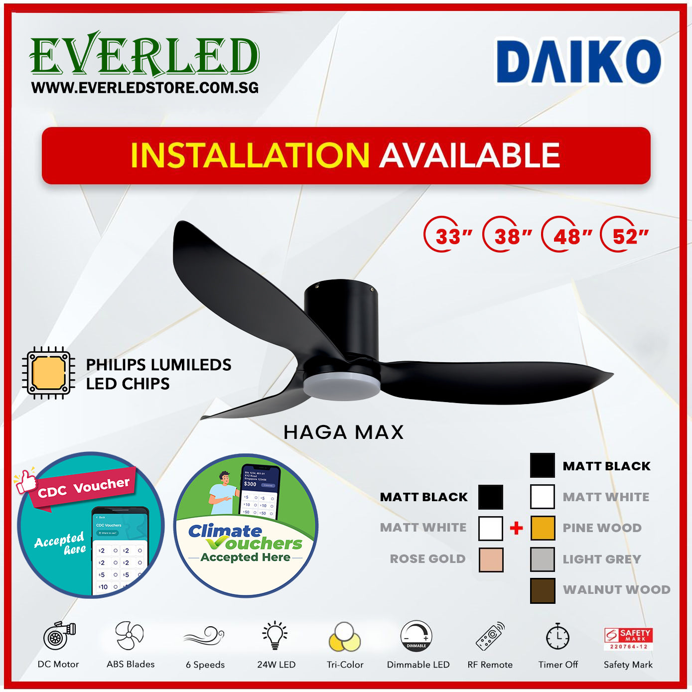 *FREE INSTALLATION* Daiko DC Haga Max 33"/38"/48"/52"  with Tri-color LED (Inverter DC Fan) *CDC & Climate Voucher Accepted In Showroom*