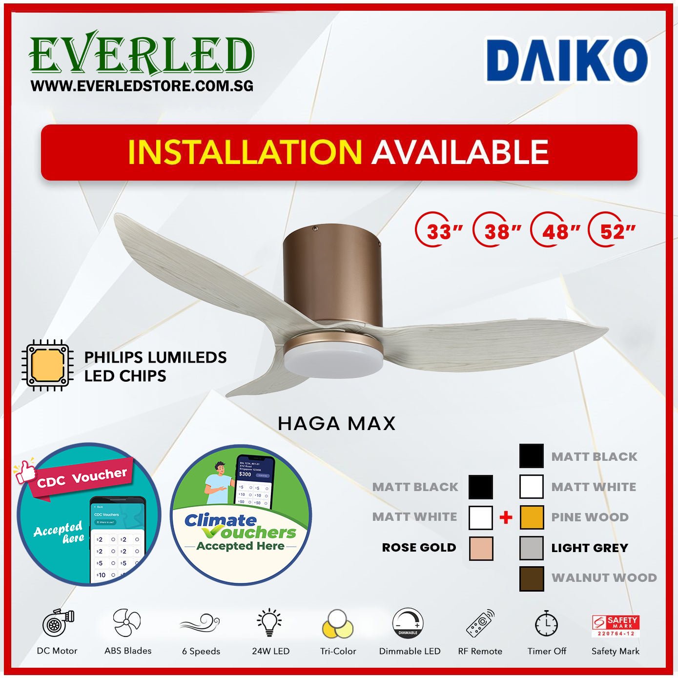 *FREE INSTALLATION* Daiko DC Haga Max 33"/38"/48"/52"  with Tri-color LED (Inverter DC Fan) *CDC & Climate Voucher Accepted In Showroom*