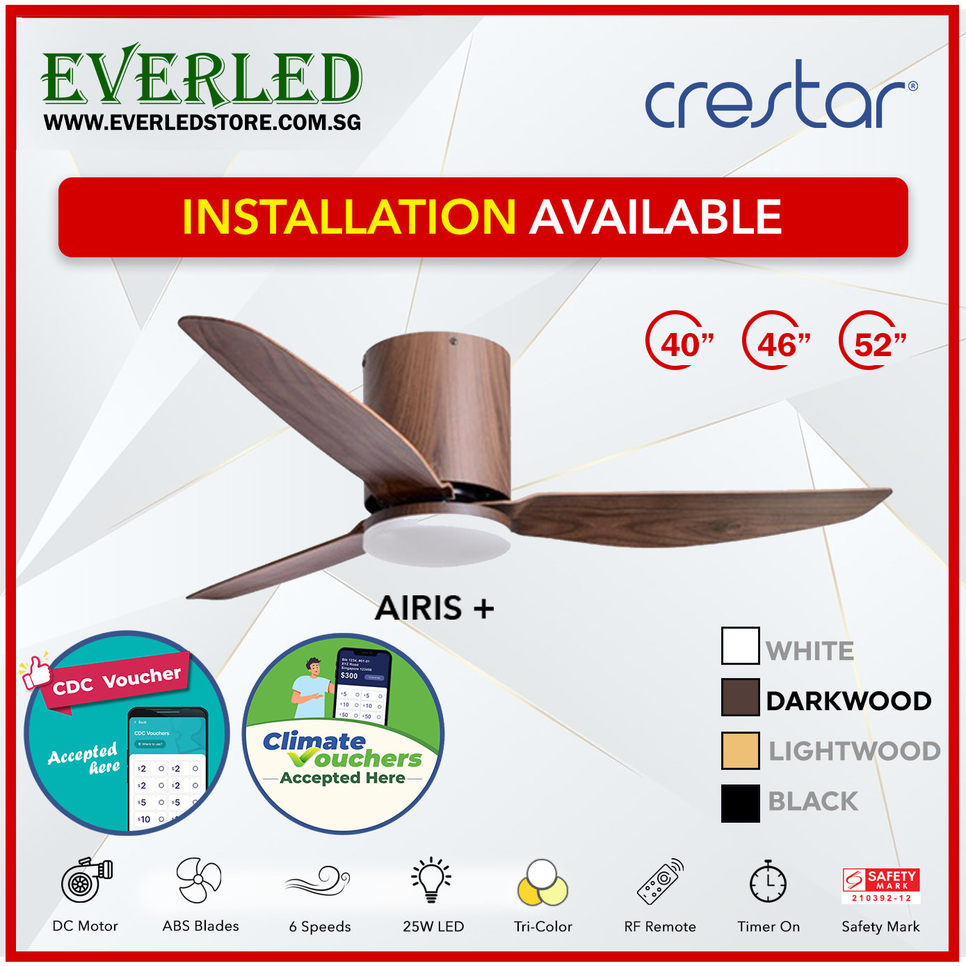 *STANDARD INSTALLATION* Crestar DC Altis+ 3B 40"/46"/52" - With / WO Light (Inverter DC Fan) *CDC & Climate Voucher Accepted In Showroom*