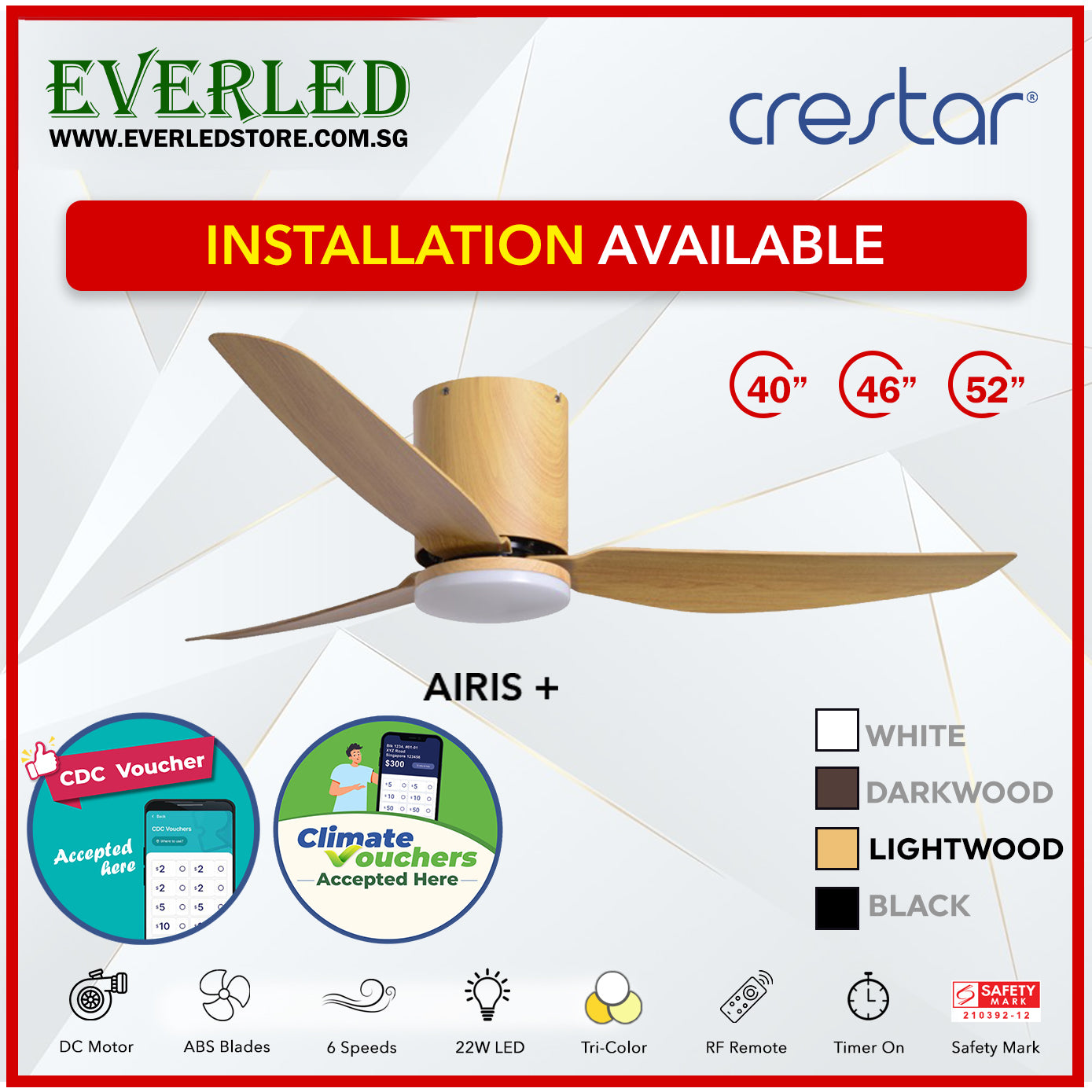 *STANDARD INSTALLATION* Crestar DC Altis+ 3B 40"/46"/52" - With / WO Light (Inverter DC Fan) *CDC & Climate Voucher Accepted In Showroom*