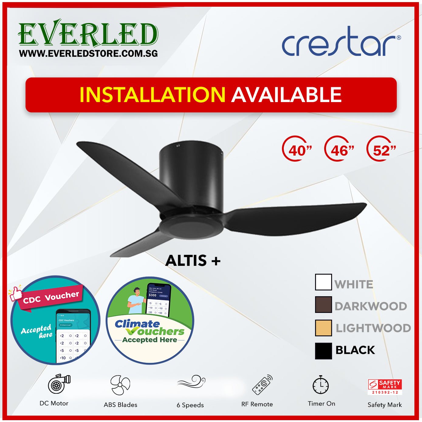 *STANDARD INSTALLATION* Crestar DC Altis+ 3B 40"/46"/52" - With / WO Light (Inverter DC Fan) *CDC & Climate Voucher Accepted In Showroom*
