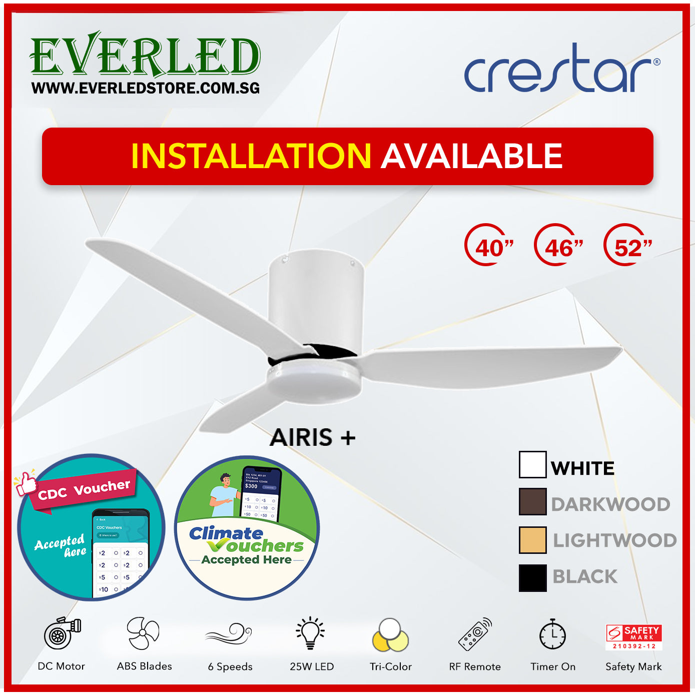 *STANDARD INSTALLATION* Crestar DC Altis+ 3B 40"/46"/52" - With / WO Light (Inverter DC Fan) *CDC & Climate Voucher Accepted In Showroom*