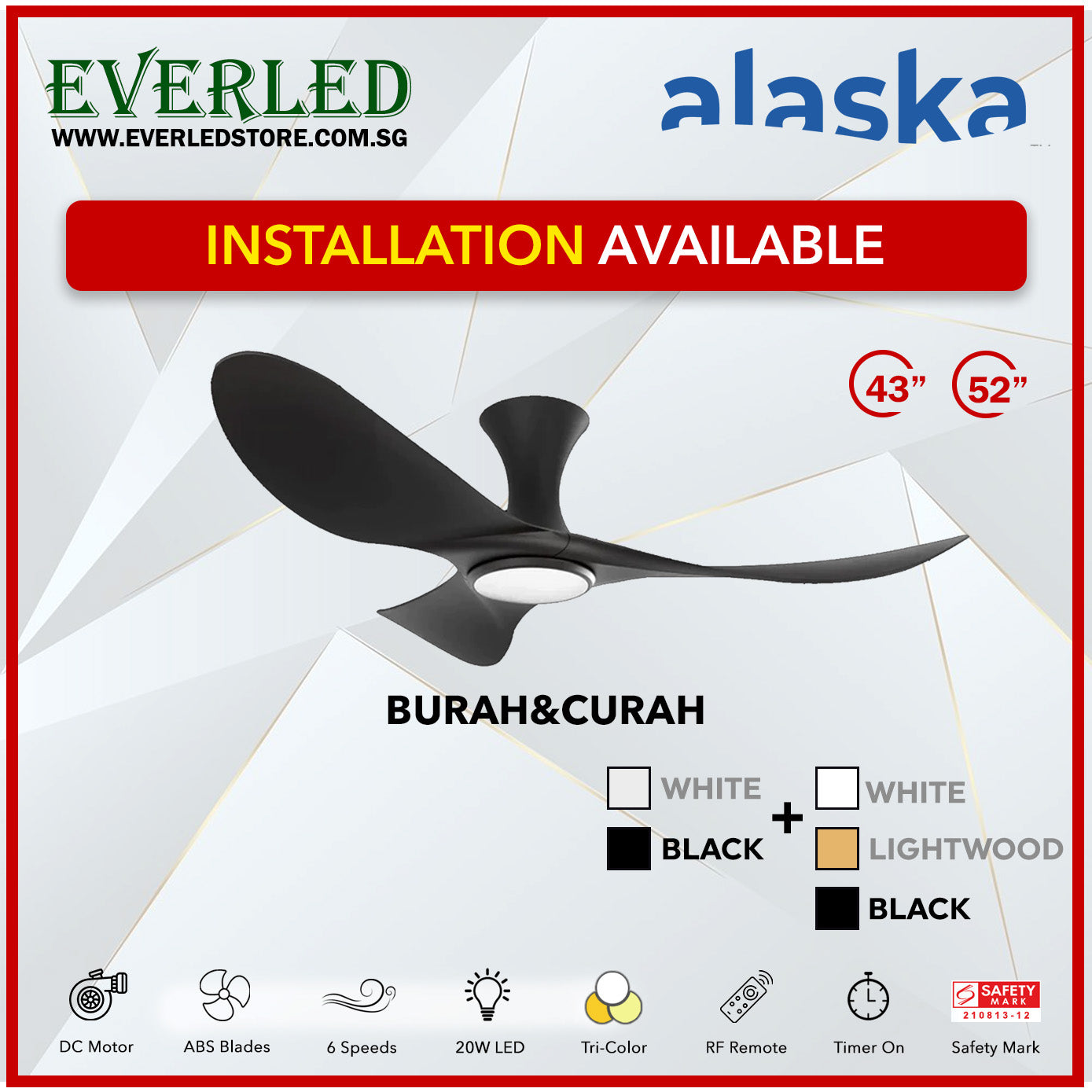 Alaska SMART DC Cura / Curah 52" (Inverter DC Fan) with Samsung dimmable light kit