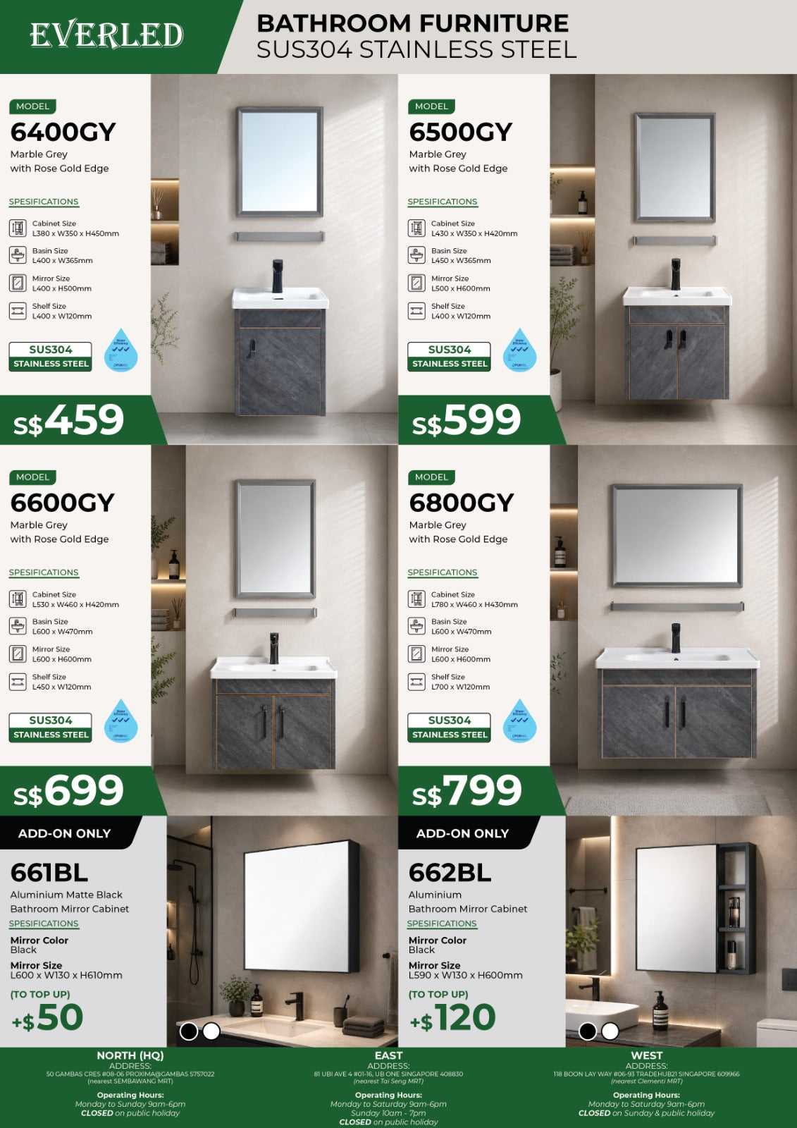 *(Vanity Cabinet)* Everled 6400GY / 6500GY / 6600GY / 6800GY - FREE DELIVERY
