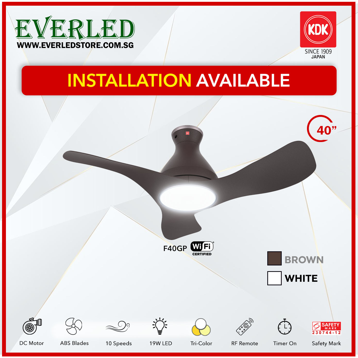 (Free Standard Installation) KDK Airy F40GP (with LED)(3 Blades 40" with Wi-Fi and App Control)