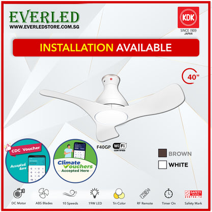 *FREE STANDARD INSTALLATION* KDK Airy F40GP (with LED)(3 Blades 40" with Wi-Fi and App Control) *CDC & Climate Voucher Accepted In Showroom*