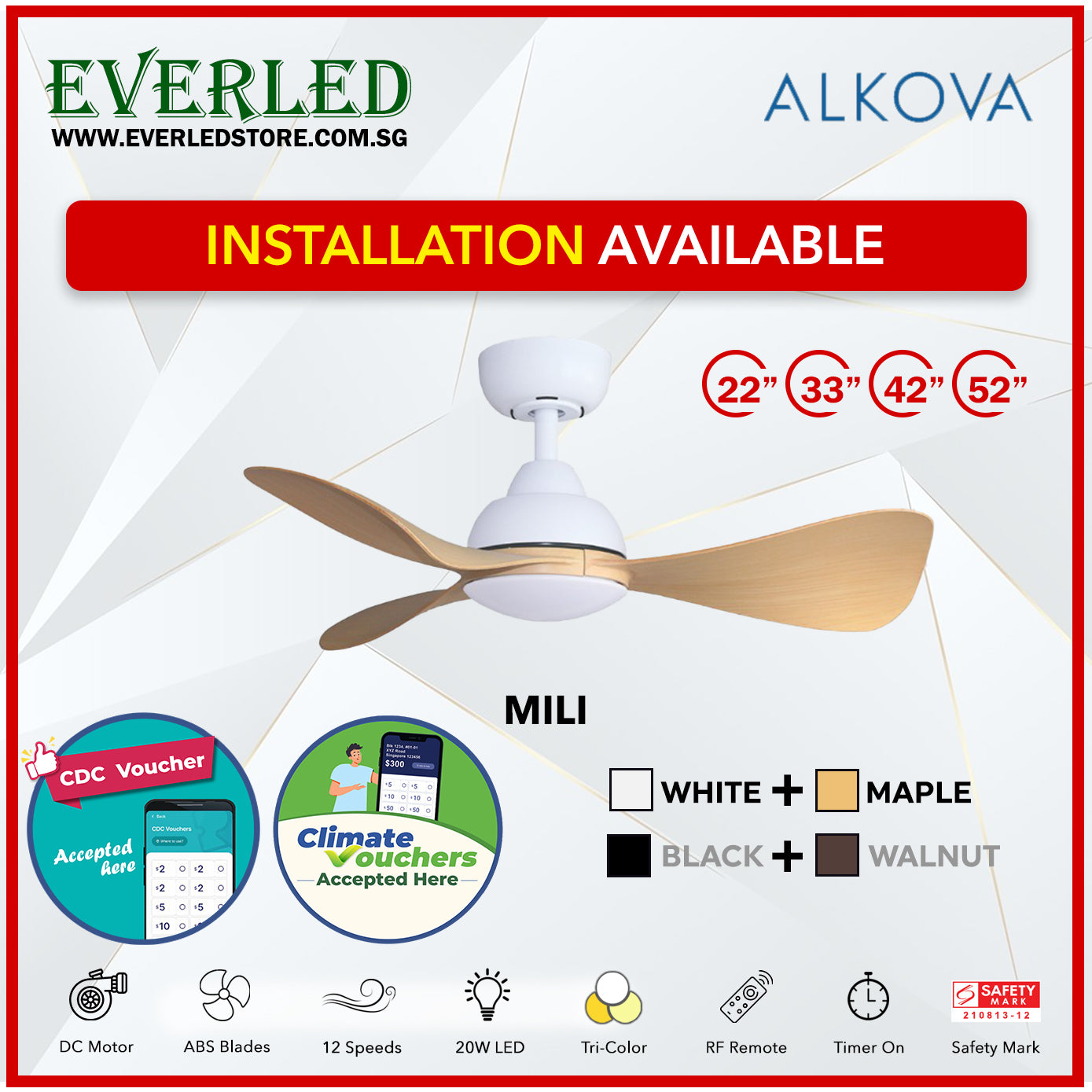 *STANDARD INSTALLATION* Alpha DC Mili with Tri-colour LED (Inverter DC fan) *CDC & Climate Voucher Accepted In Showroom*