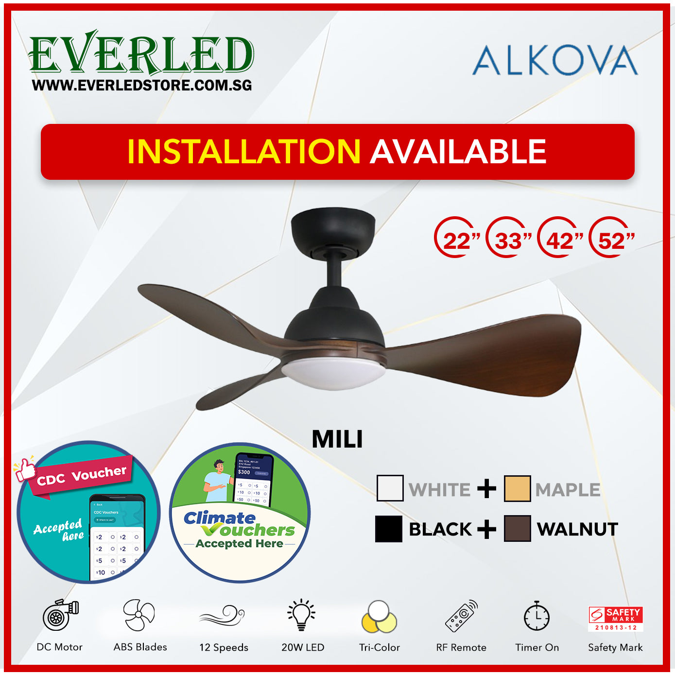 *STANDARD INSTALLATION* Alpha DC Mili with Tri-colour LED (Inverter DC fan) *CDC & Climate Voucher Accepted In Showroom*