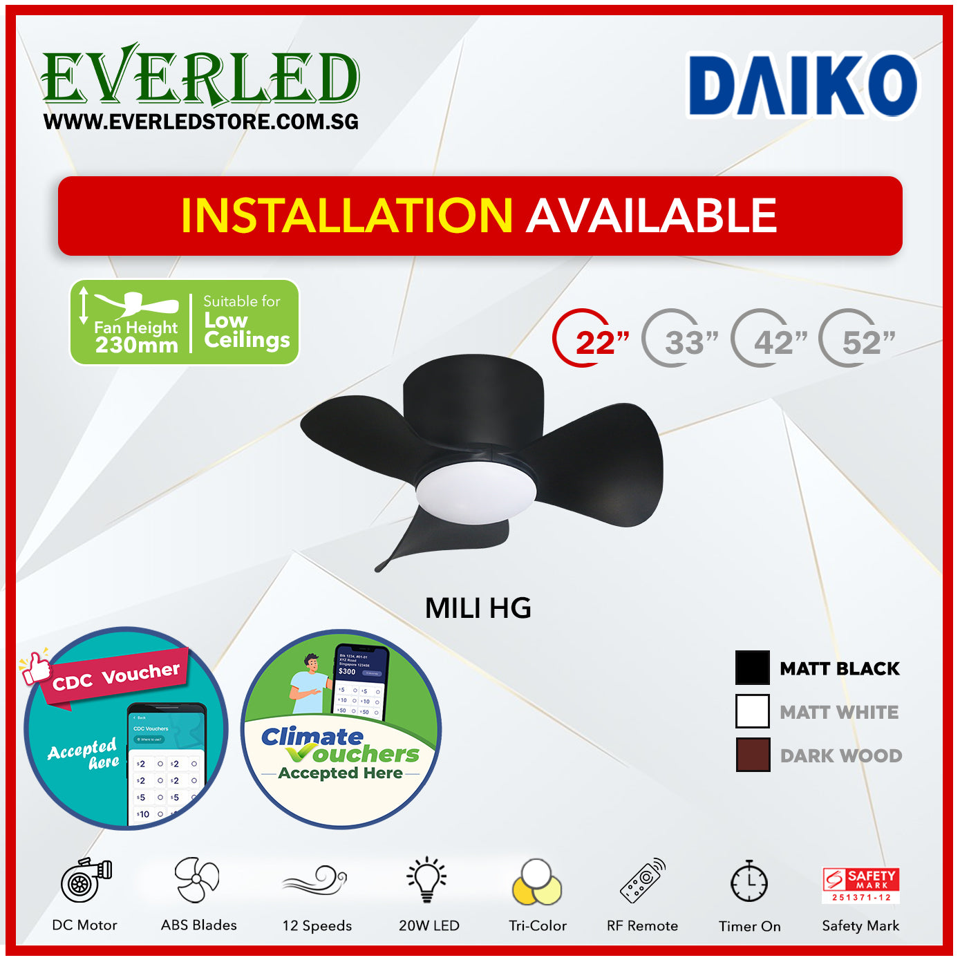 *STANDARD INSTALLATION* Alpha DC Mili (HG-HUGGER) with Tri-colour LED (Inverter DC fan) *CDC & Climate Voucher Accepted In Showroom*