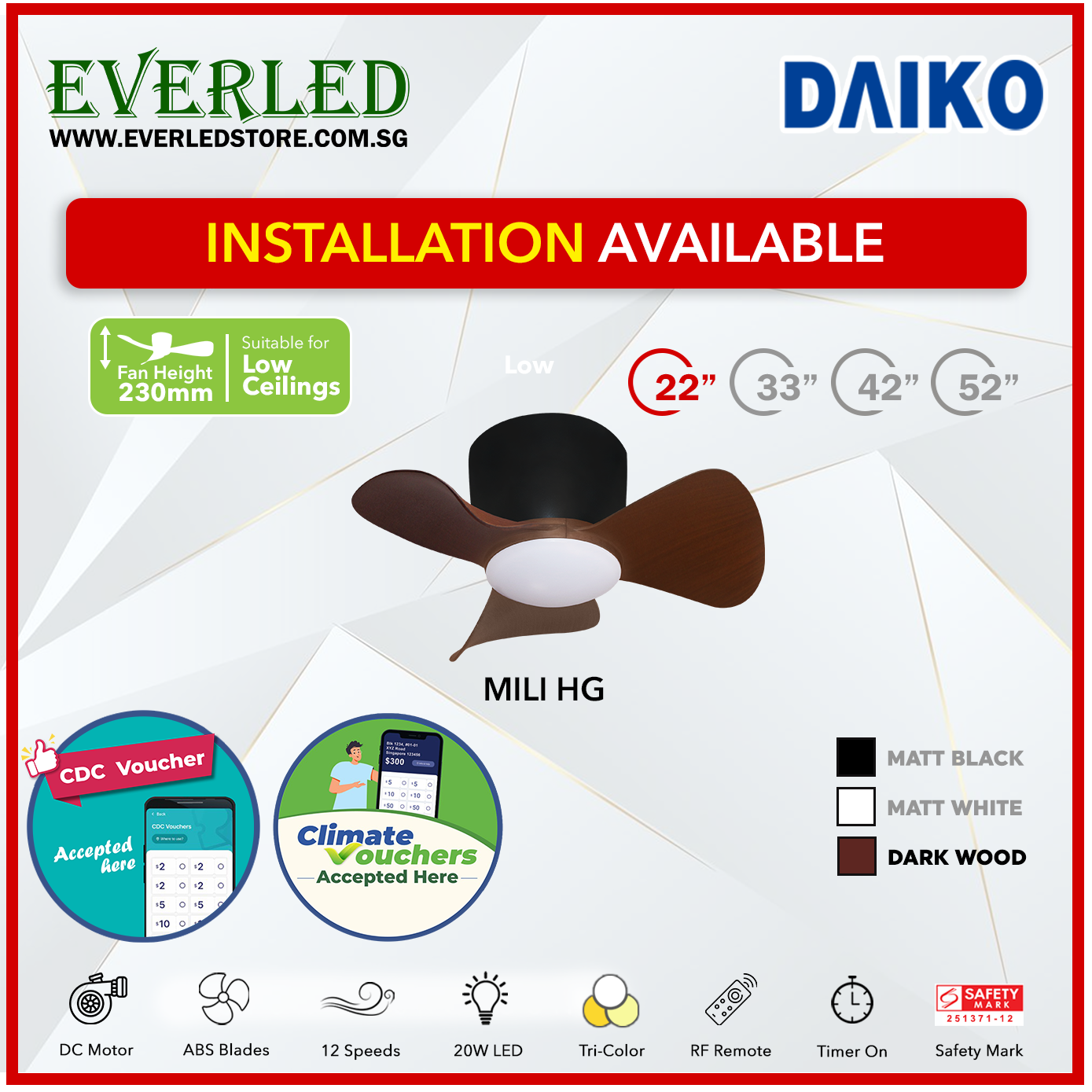 *STANDARD INSTALLATION* Alpha DC Mili (HG-HUGGER) with Tri-colour LED (Inverter DC fan) *CDC & Climate Voucher Accepted In Showroom*