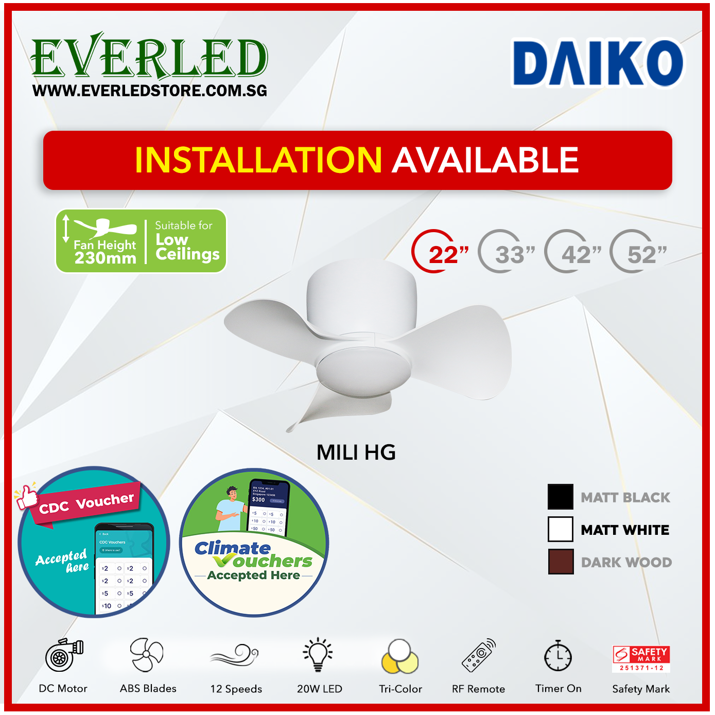 *STANDARD INSTALLATION* Alpha DC Mili (HG-HUGGER) with Tri-colour LED (Inverter DC fan) *CDC & Climate Voucher Accepted In Showroom*