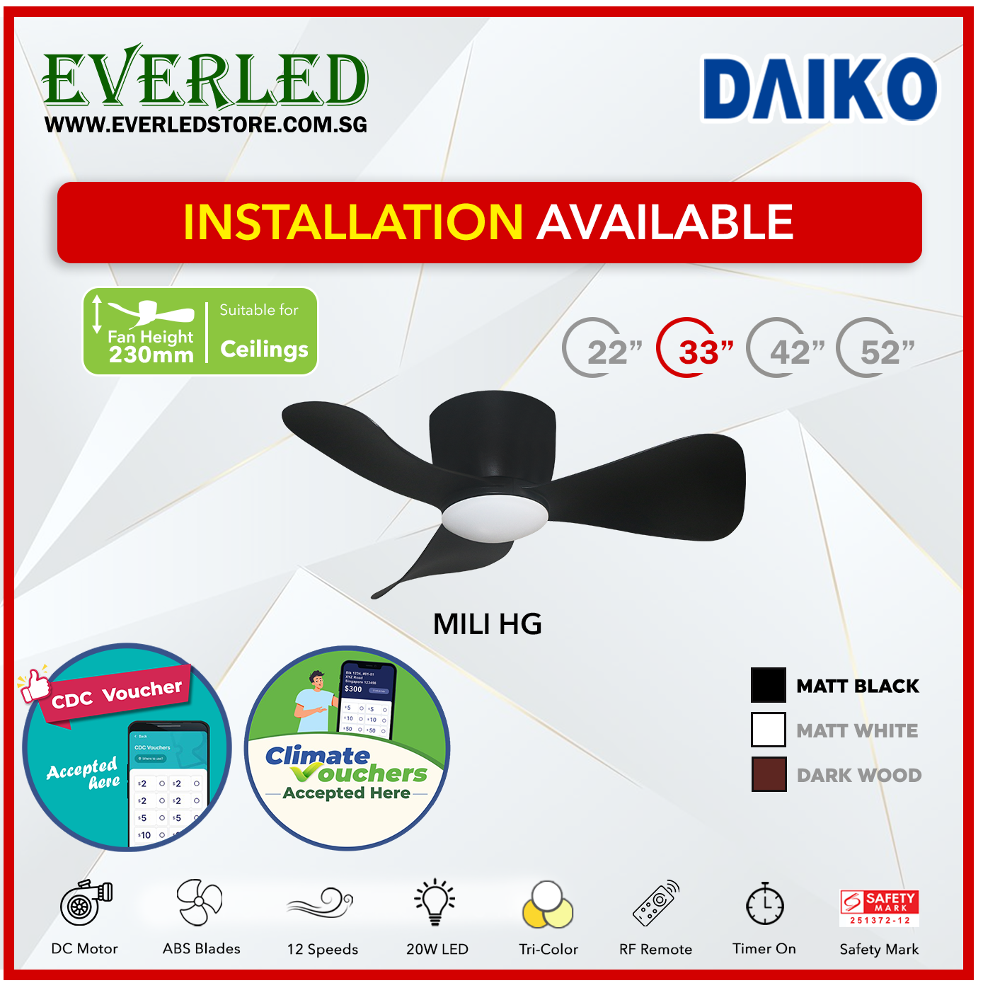 *STANDARD INSTALLATION* Alpha DC Mili (HG-HUGGER) with Tri-colour LED (Inverter DC fan) *CDC & Climate Voucher Accepted In Showroom*