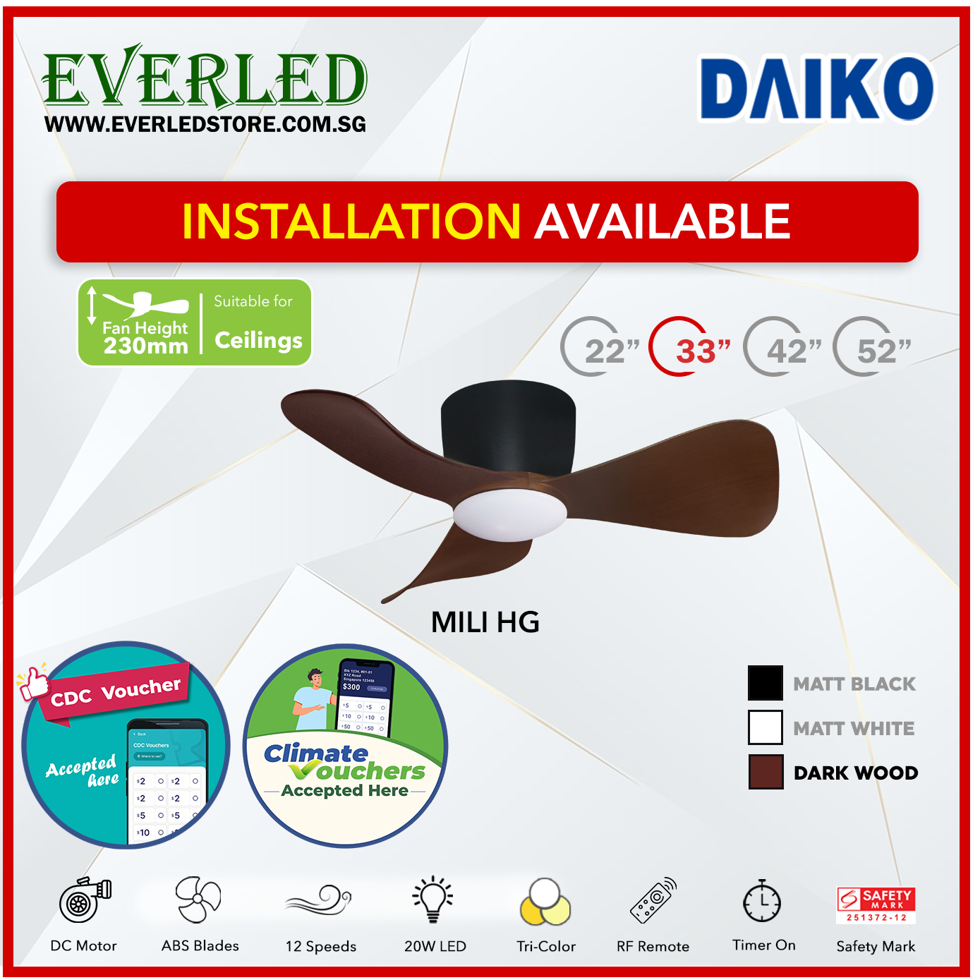 *STANDARD INSTALLATION* Alpha DC Mili (HG-HUGGER) with Tri-colour LED (Inverter DC fan) *CDC & Climate Voucher Accepted In Showroom*