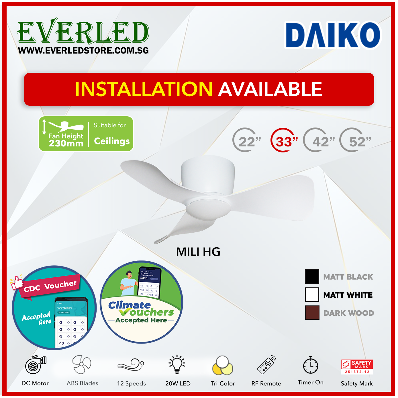 *STANDARD INSTALLATION* Alpha DC Mili (HG-HUGGER) with Tri-colour LED (Inverter DC fan) *CDC & Climate Voucher Accepted In Showroom*