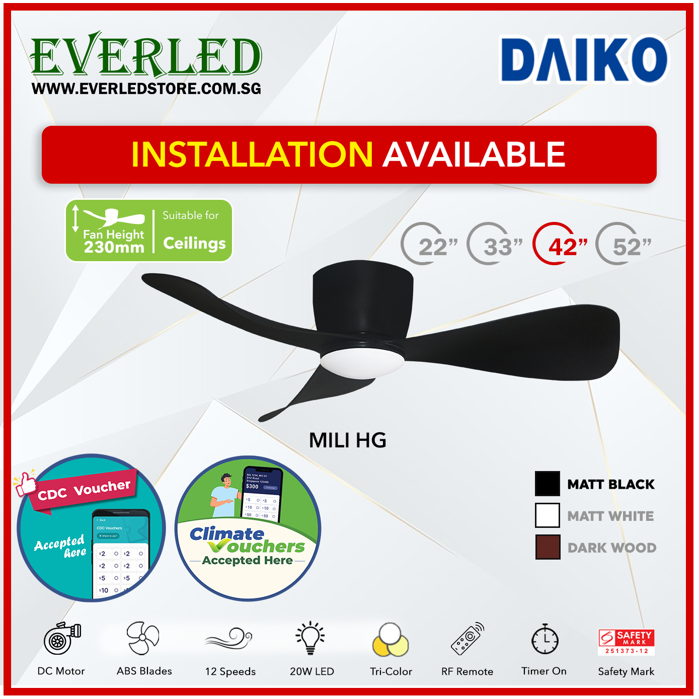 *STANDARD INSTALLATION* Alpha DC Mili (HG-HUGGER) with Tri-colour LED (Inverter DC fan) *CDC & Climate Voucher Accepted In Showroom*