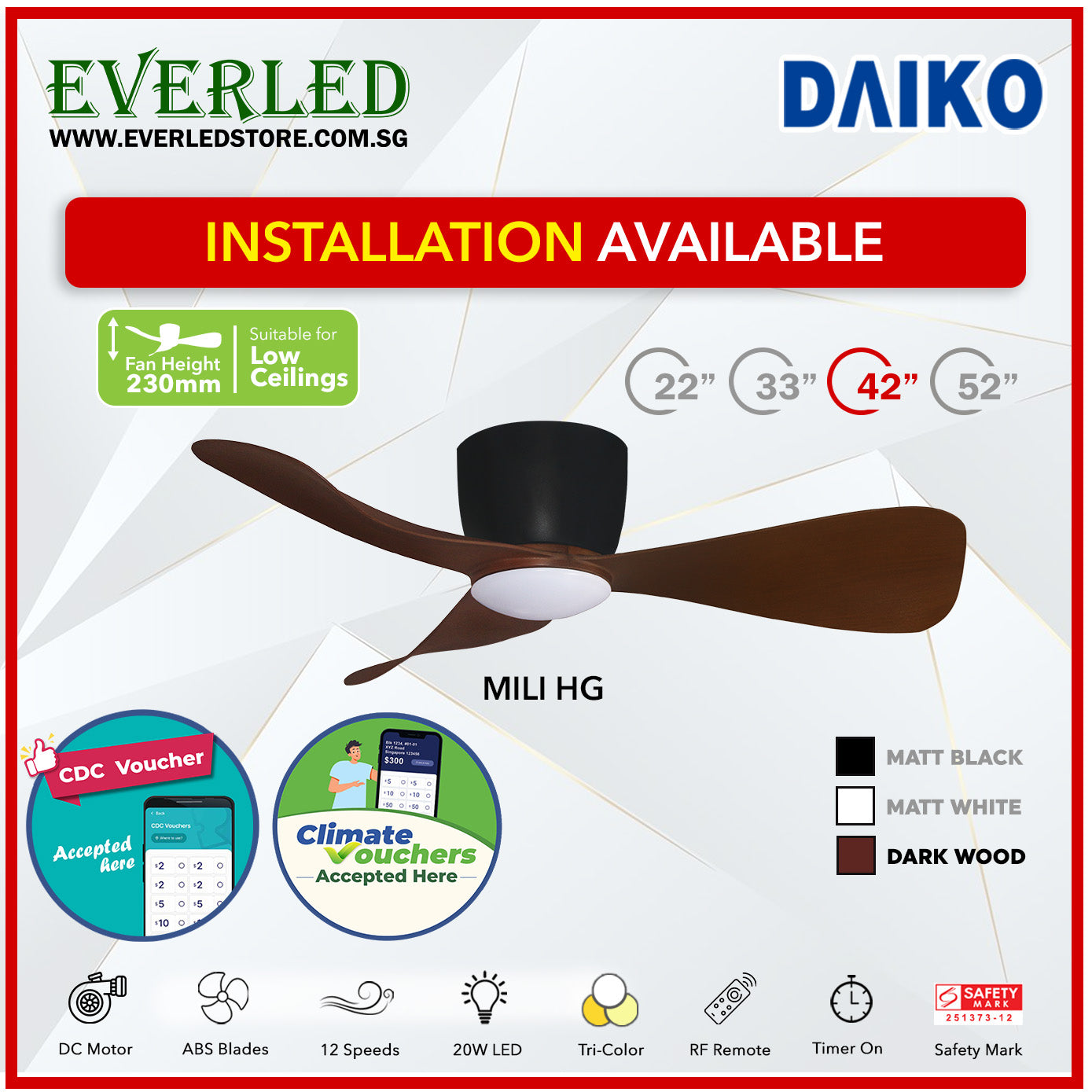 *STANDARD INSTALLATION* Alpha DC Mili (HG-HUGGER) with Tri-colour LED (Inverter DC fan) *CDC & Climate Voucher Accepted In Showroom*