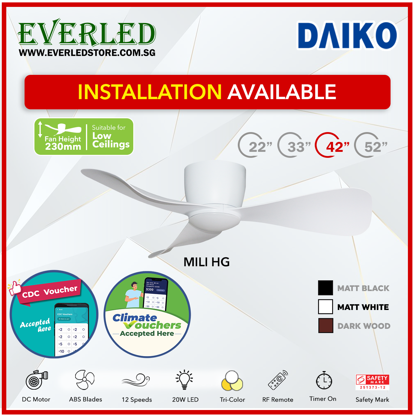 *STANDARD INSTALLATION* Alpha DC Mili (HG-HUGGER) with Tri-colour LED (Inverter DC fan) *CDC & Climate Voucher Accepted In Showroom*