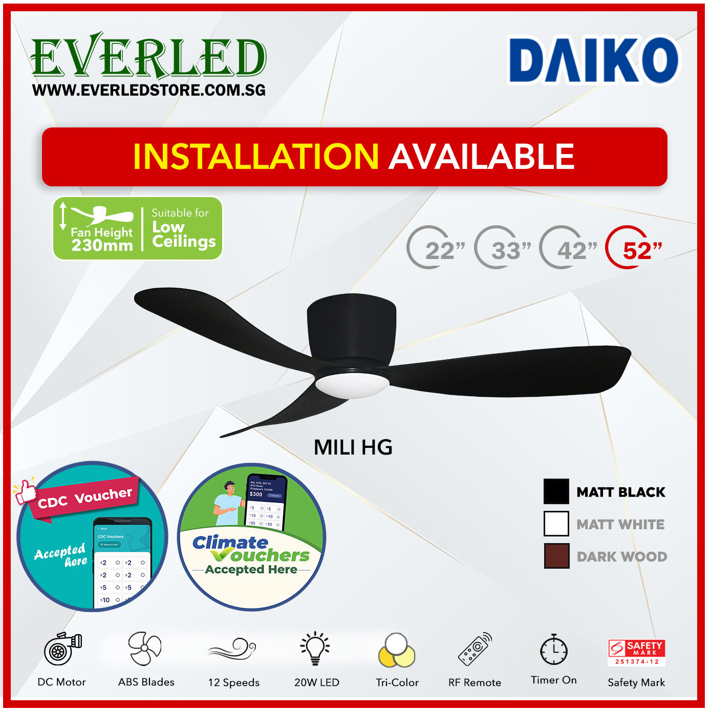 *STANDARD INSTALLATION* Alpha DC Mili (HG-HUGGER) with Tri-colour LED (Inverter DC fan) *CDC & Climate Voucher Accepted In Showroom*