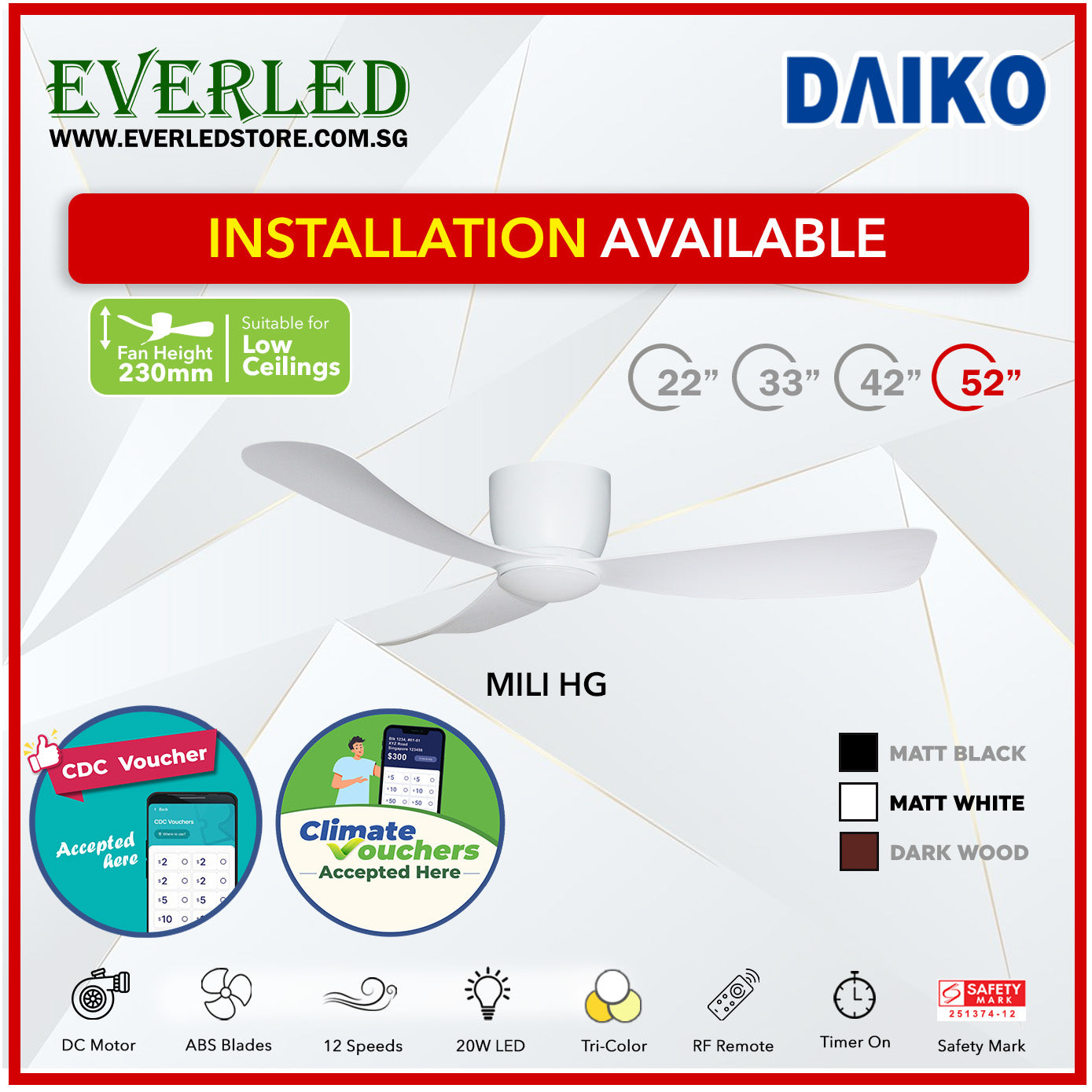 *STANDARD INSTALLATION* Alpha DC Mili (HG-HUGGER) with Tri-colour LED (Inverter DC fan) *CDC & Climate Voucher Accepted In Showroom*