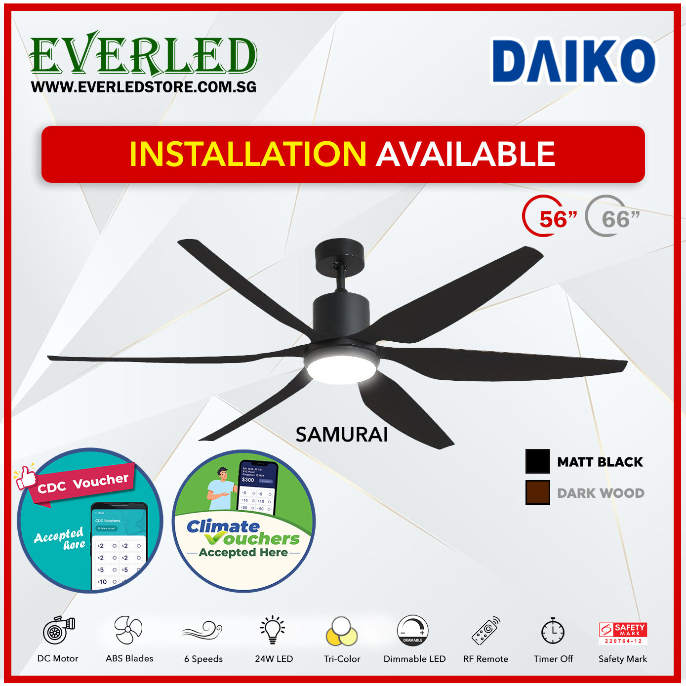 Daiko DC Samurai 56"  with Tri-color LED (Inverter DC Fan) *CDC & Climate Voucher Accepted In Showroom*