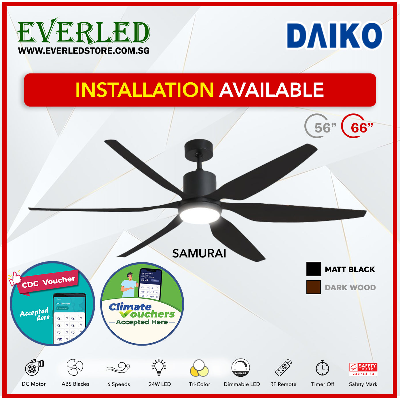 Daiko DC Samurai 56"  with Tri-color LED (Inverter DC Fan) *CDC & Climate Voucher Accepted In Showroom*