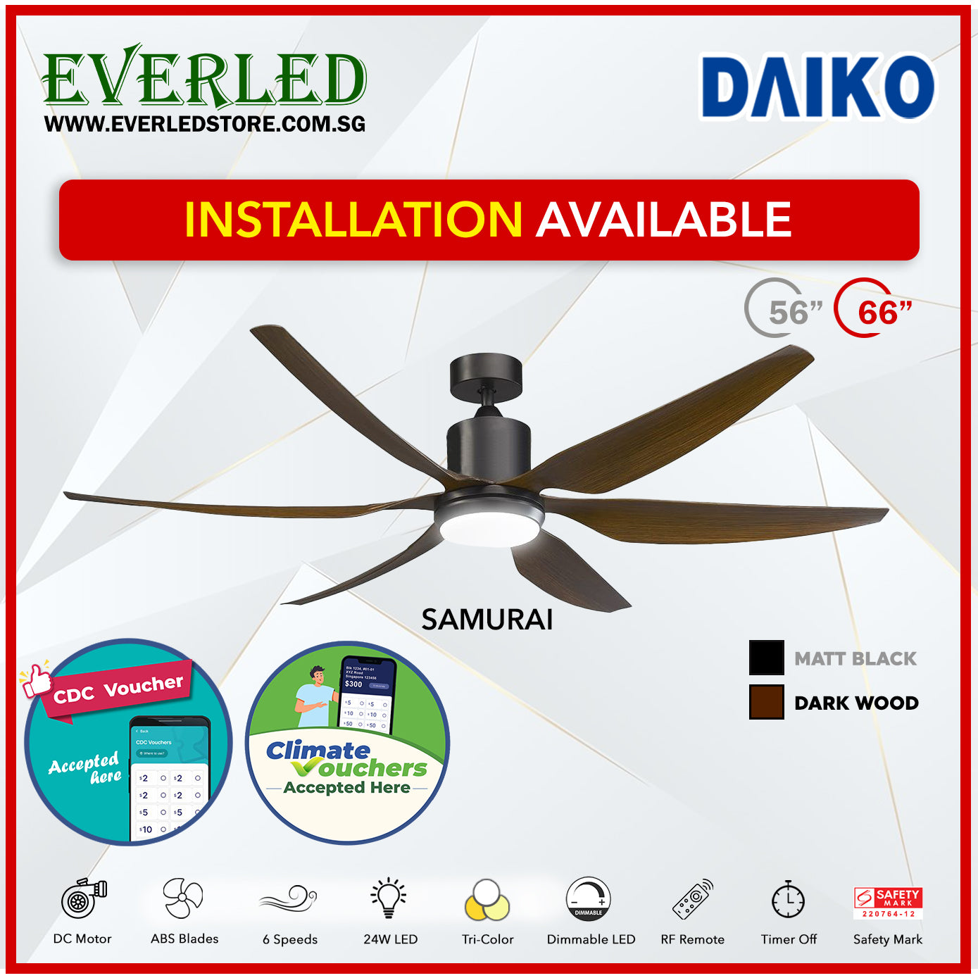 Daiko DC Samurai 56"  with Tri-color LED (Inverter DC Fan) *CDC & Climate Voucher Accepted In Showroom*
