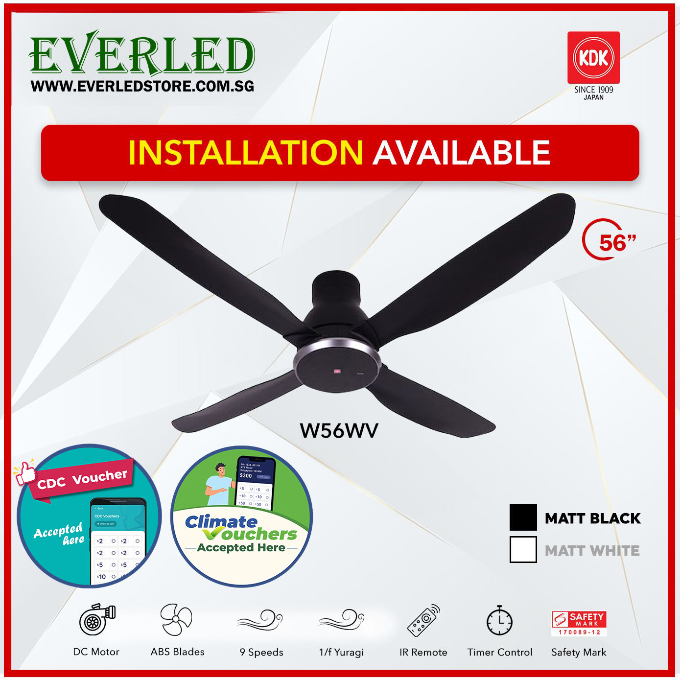 *FREE STANDARD INSTALLATION* KDK DC Fan W56WV (4 Blades 56
