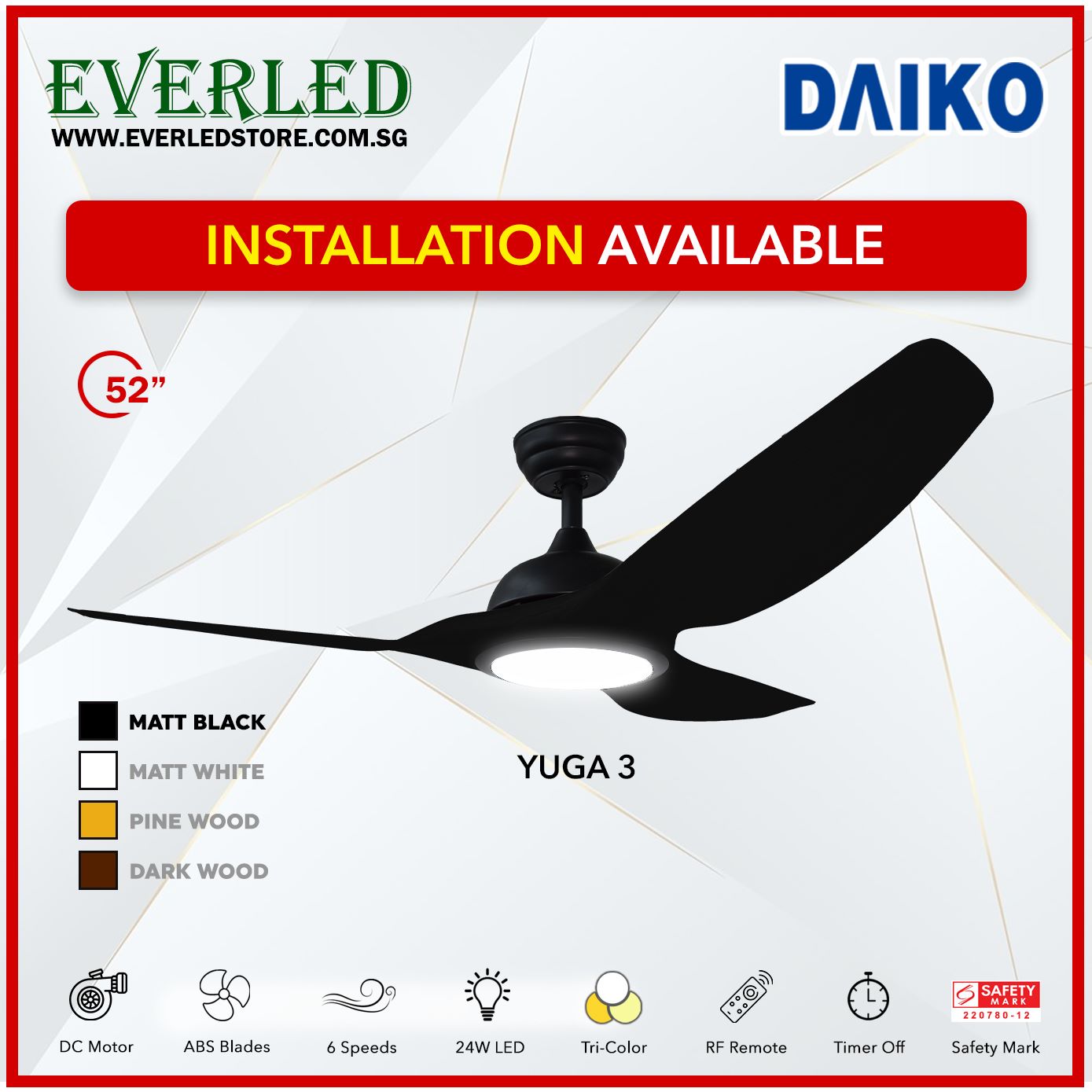 *FREE INSTALLATION* Daiko DC Yuga 3 52"  with Tri-color LED (Inverter DC Fan)