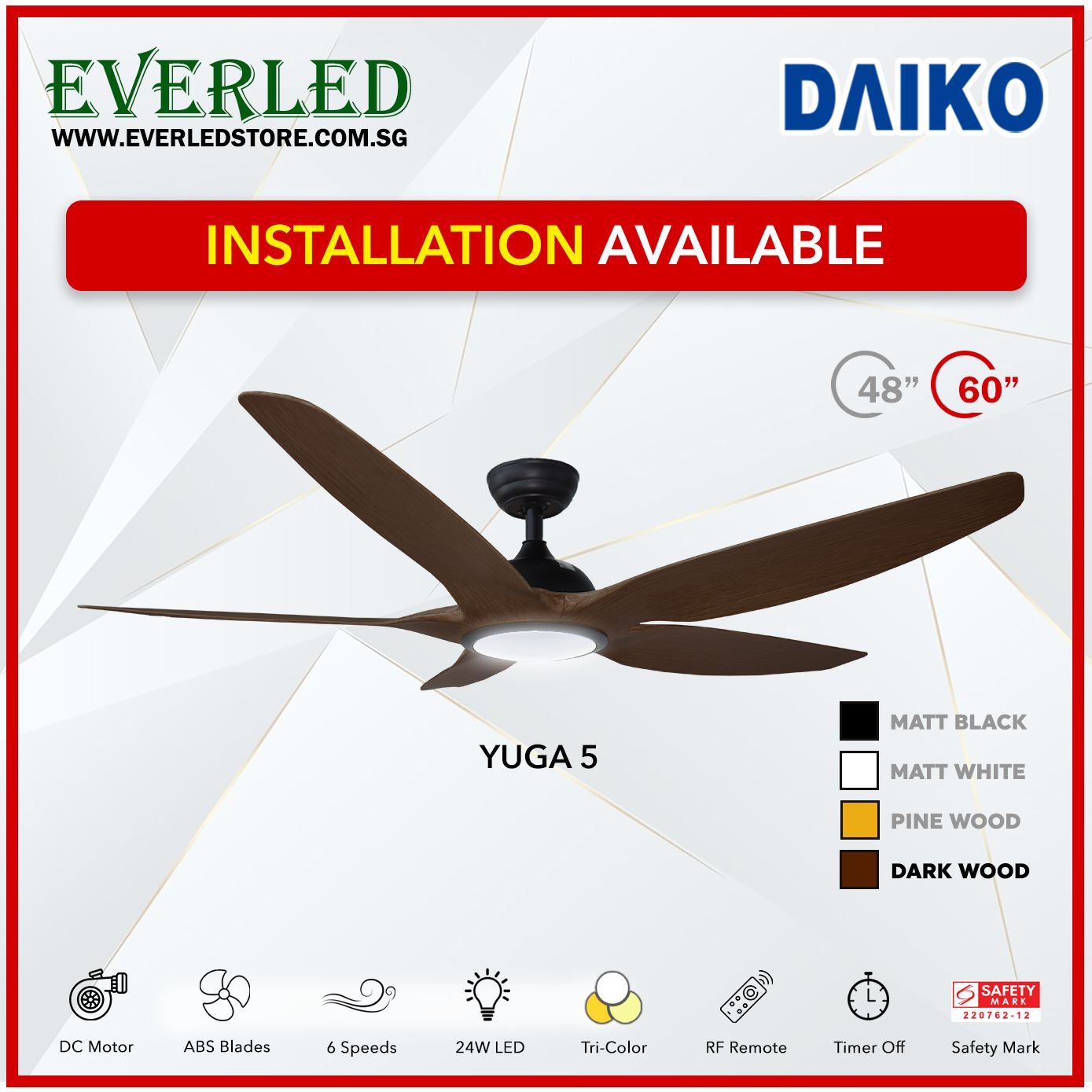 *FREE INSTALLATION* Daiko DC Yuga 5 48"/60"  with Tri-color LED (Inverter DC Fan)