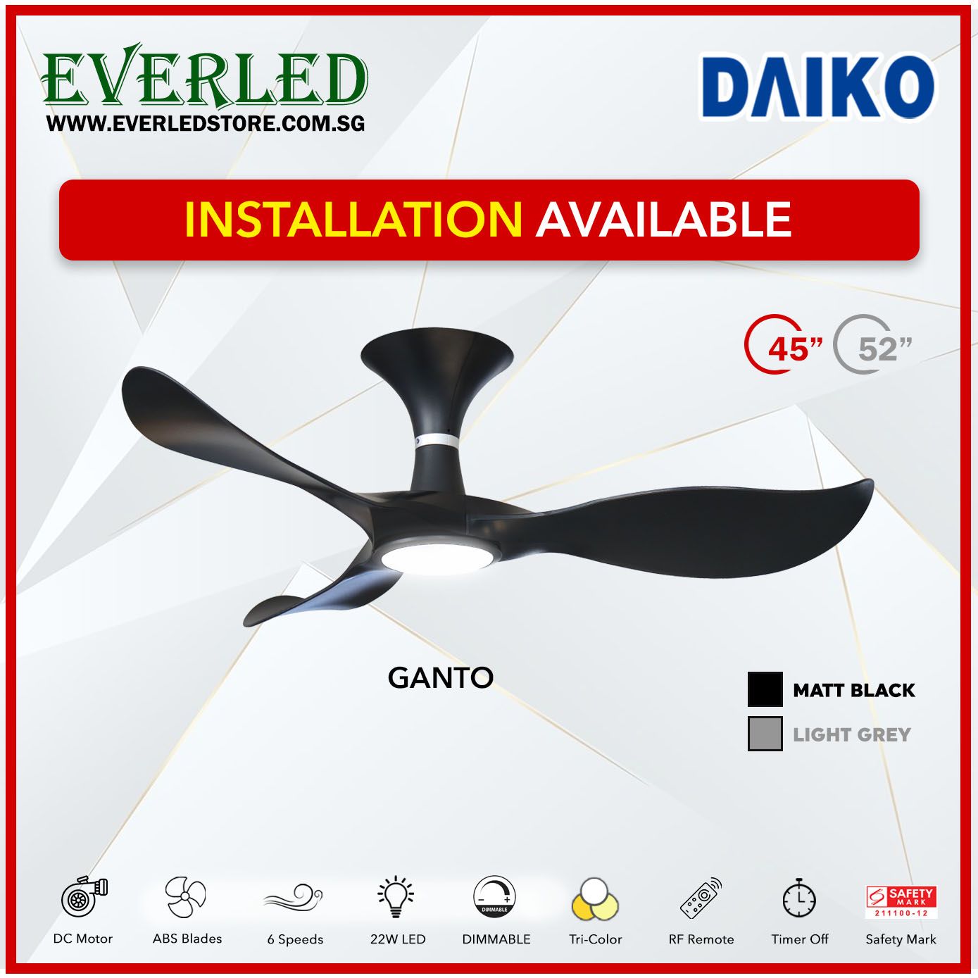 Daiko DC Ganto 45"/52" with Dimmable Tri-color LED (Inverter DC Fan)
