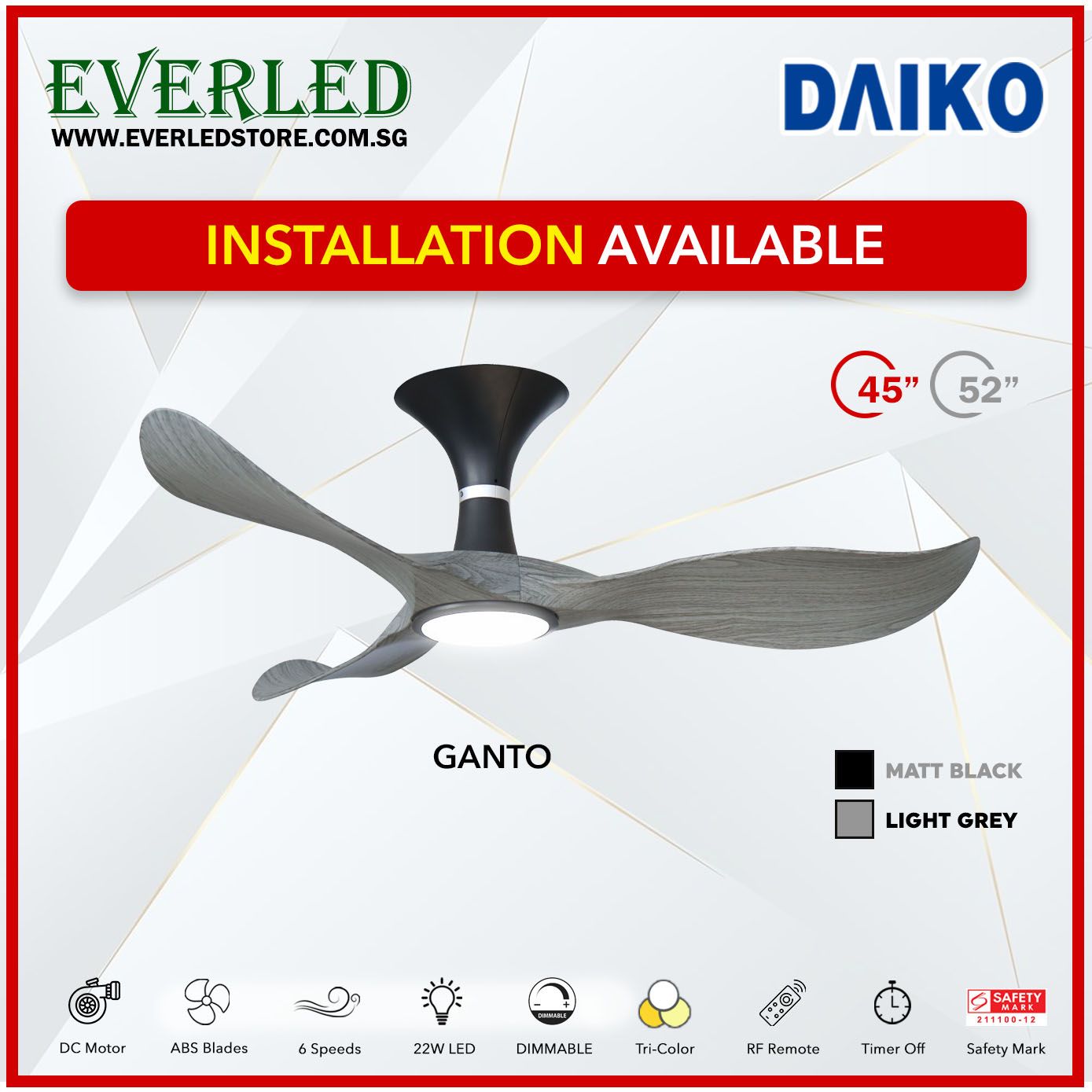 Daiko DC Ganto 45"/52" with Dimmable Tri-color LED (Inverter DC Fan)