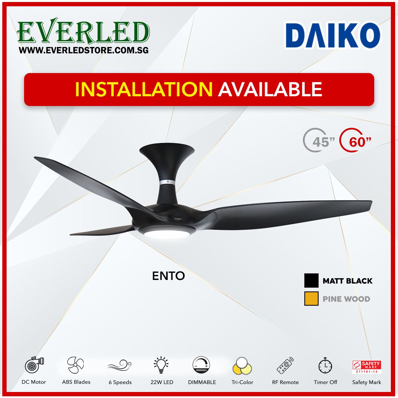 Daiko DC Ento 45"/60" with Dimmable Tri-color LED (Inverter DC Fan)