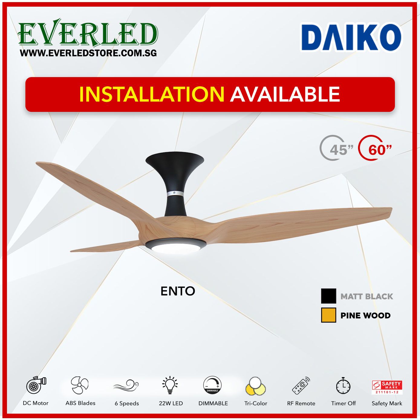 Daiko DC Ento 45"/60" with Dimmable Tri-color LED (Inverter DC Fan)