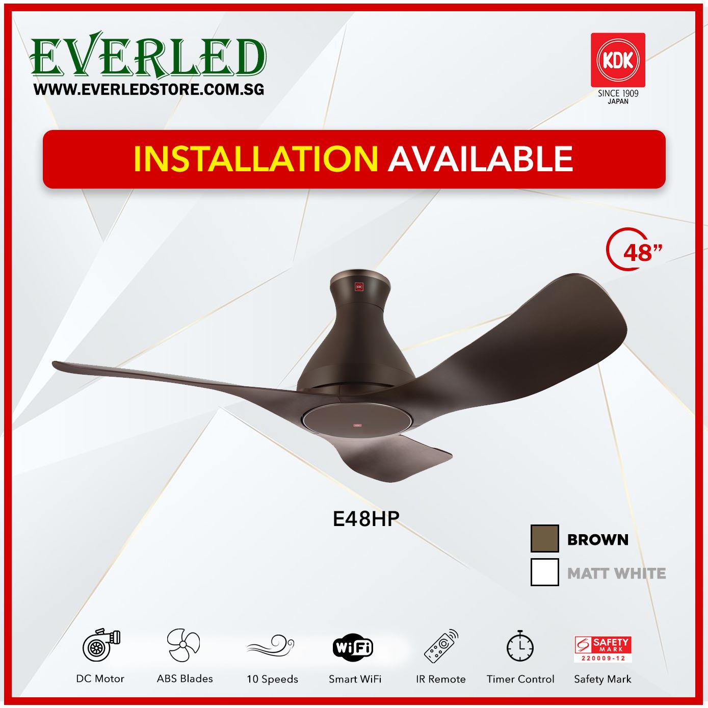 (Ready Stock) KDK Airy E48HP(No LED)(3 Blades 48" with Wi-Fi and App Control)