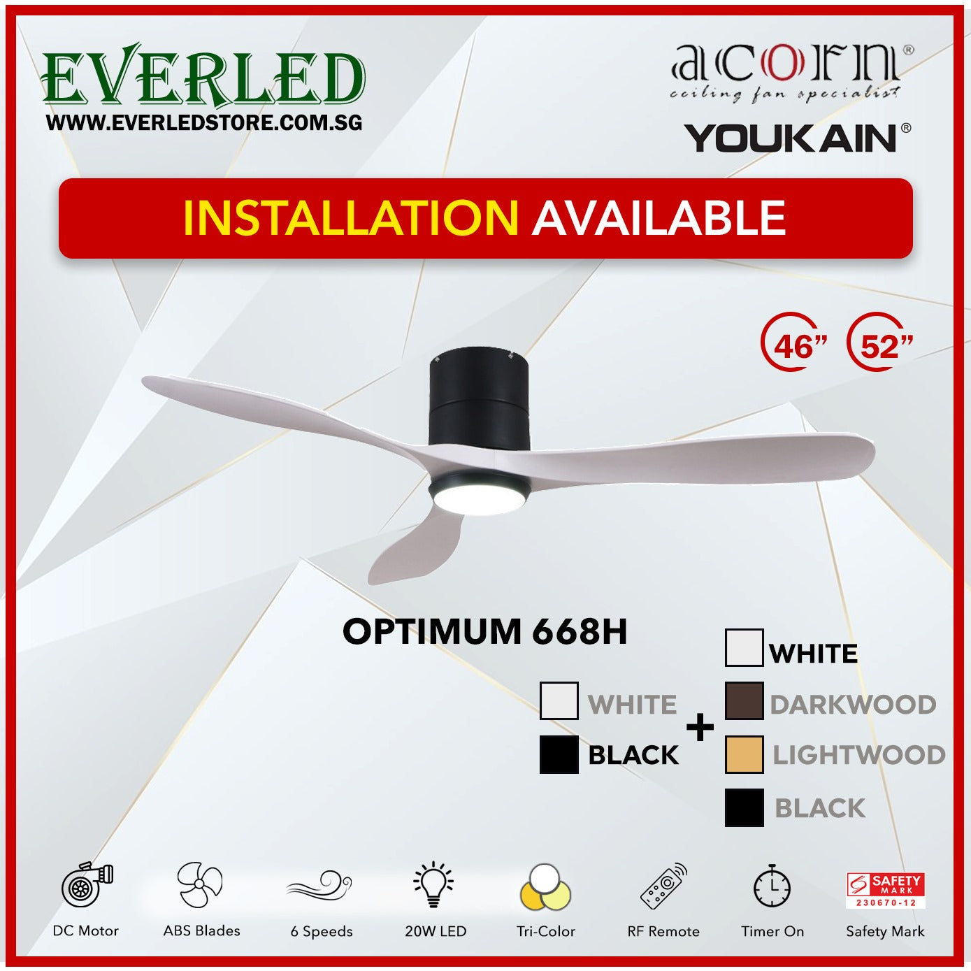 *INSTALLATION AVAILABLE* Acorn (Youkain) *SMART DC INVERTER* Optimum 668H 46"/52"  with Tri-color LED