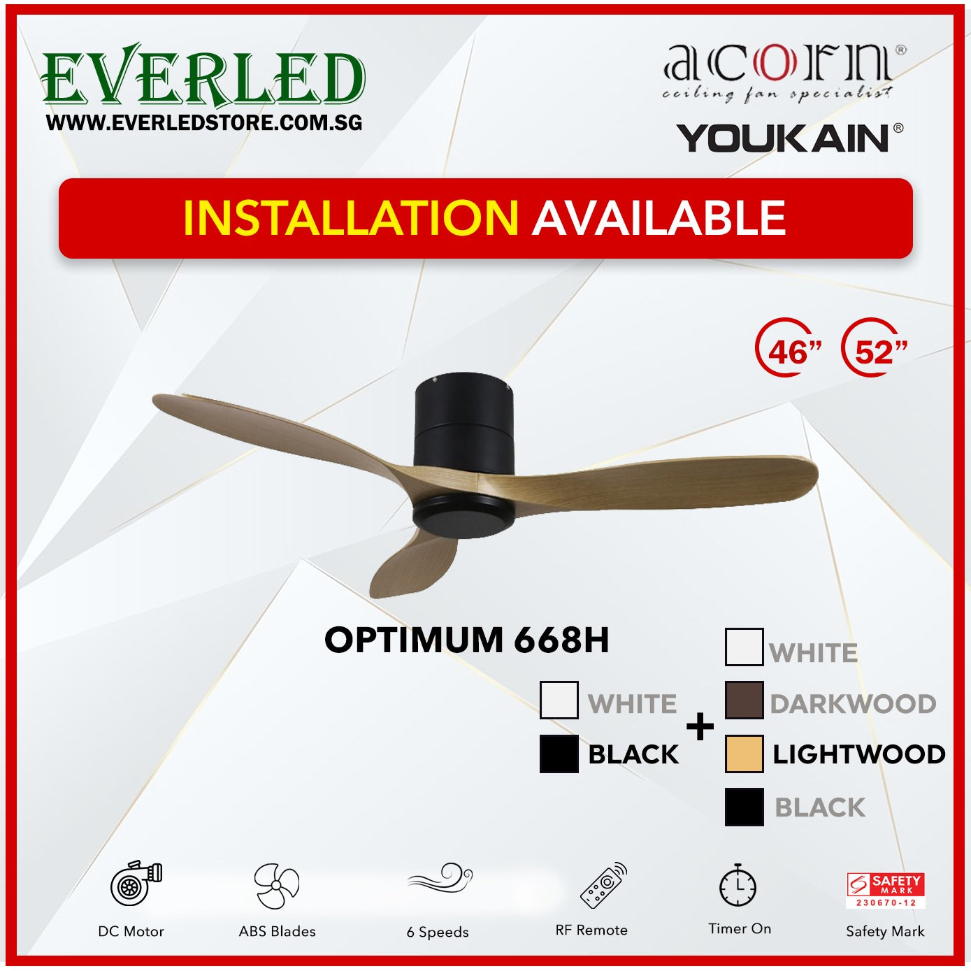 *INSTALLATION AVAILABLE* Acorn (Youkain) *SMART DC INVERTER* Optimum 668H 46"/52"  with Tri-color LED