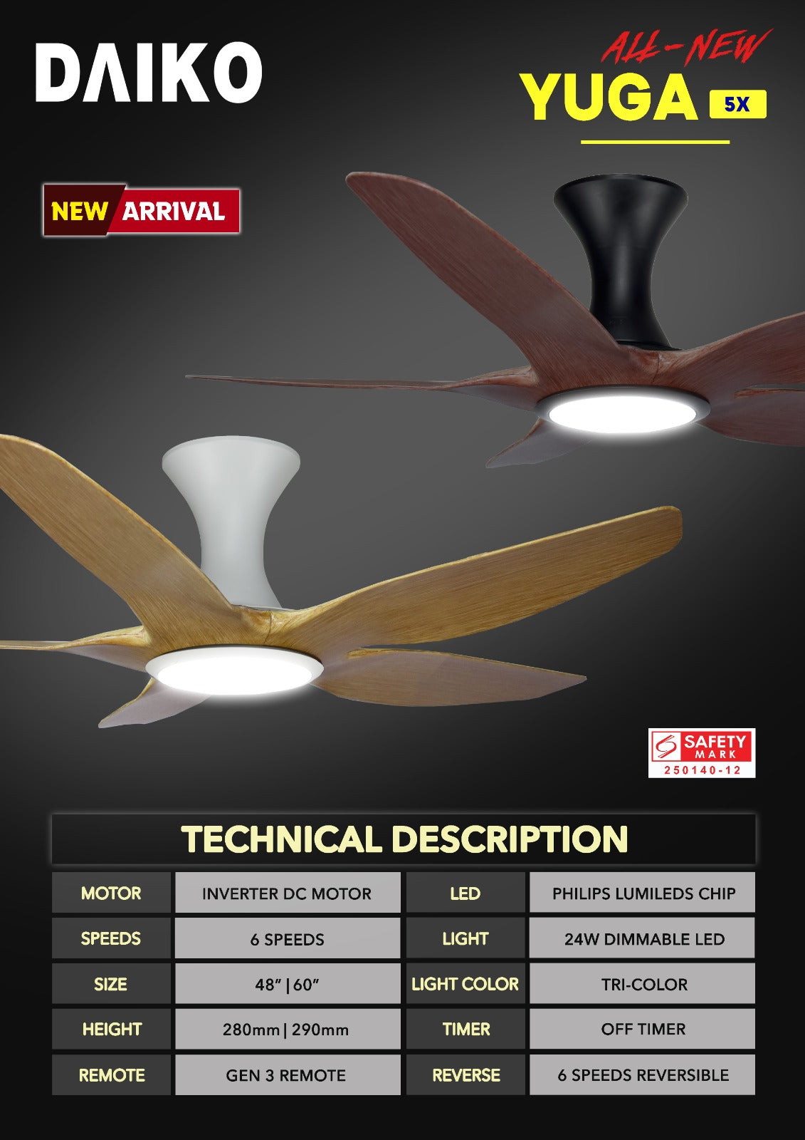 *FREE INSTALLATION* Daiko DC Yuga 5X 48"/60"  with DIMMABLE Tri-color LED (Inverter DC Fan) *CDC & Climate Voucher Accepted in Showroom*