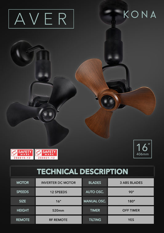 *INSTALLATION AVAILABLE* AVER DC (Corner Fan) Kona 16" with Tri-color LED (Inverter DC Fan) *Climate Voucher Accepted In Showroom*