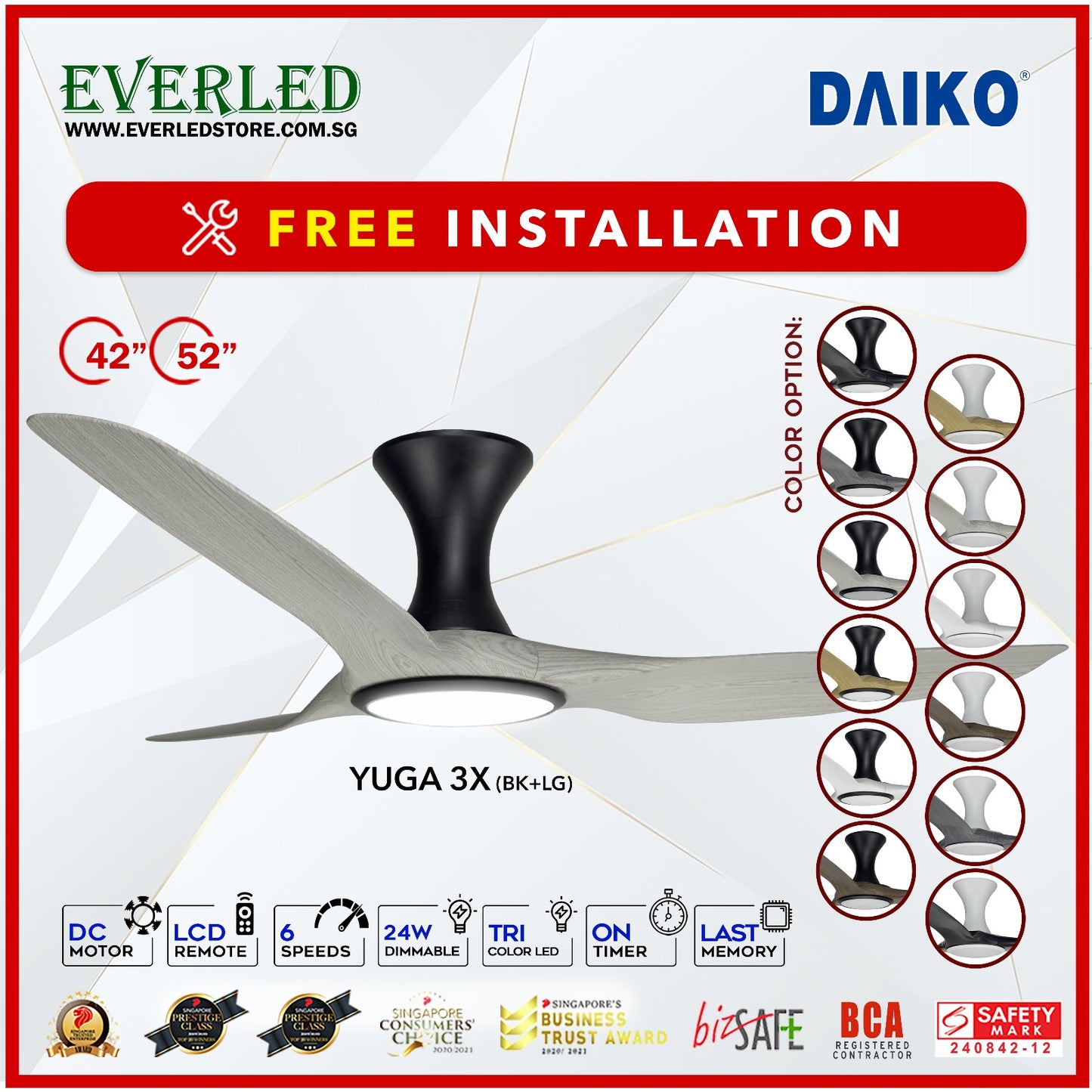 *FREE INSTALLATION* Daiko DC Yuga 3X 52"  with DIMMABLE Tri-color LED (Inverter DC Fan) *CDC & Climate Voucher Accepted in Showroom*
