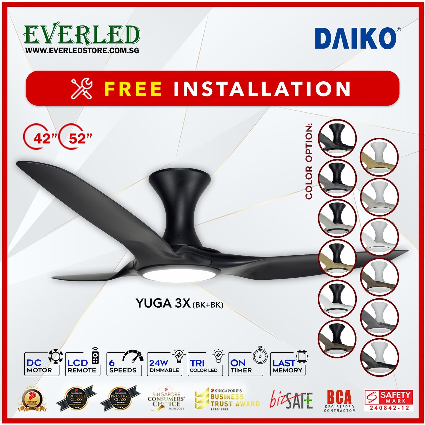 *FREE INSTALLATION* Daiko DC Yuga 3X 52"  with DIMMABLE Tri-color LED (Inverter DC Fan) *CDC & Climate Voucher Accepted in Showroom*