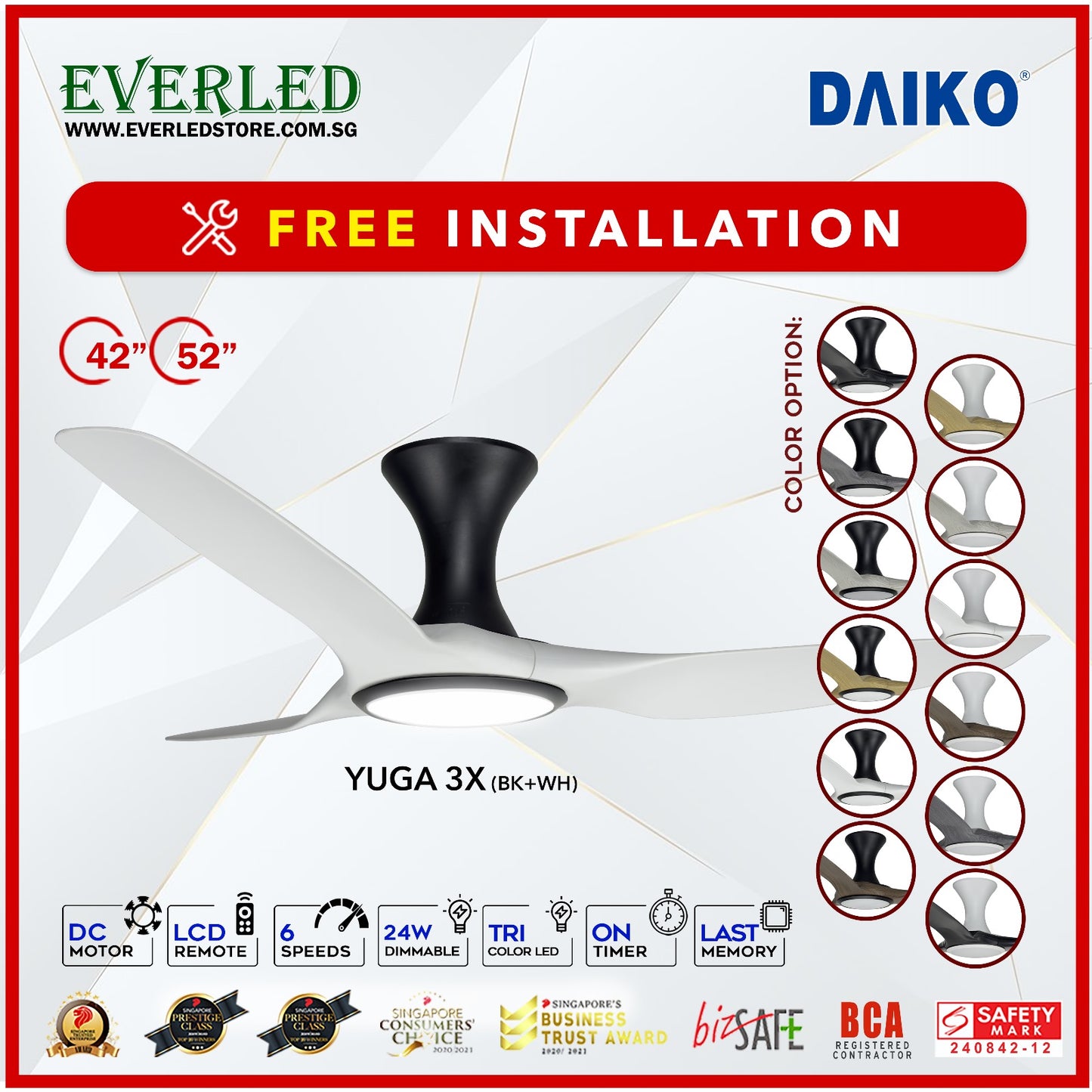 *FREE INSTALLATION* Daiko DC Yuga 3X 52"  with DIMMABLE Tri-color LED (Inverter DC Fan) *CDC & Climate Voucher Accepted in Showroom*