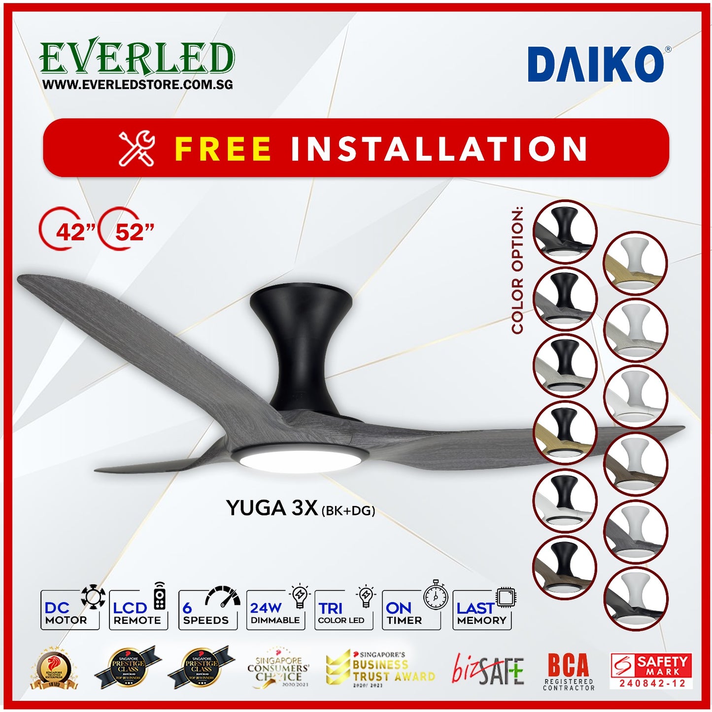 *FREE INSTALLATION* Daiko DC Yuga 3X 52"  with DIMMABLE Tri-color LED (Inverter DC Fan) *CDC & Climate Voucher Accepted in Showroom*