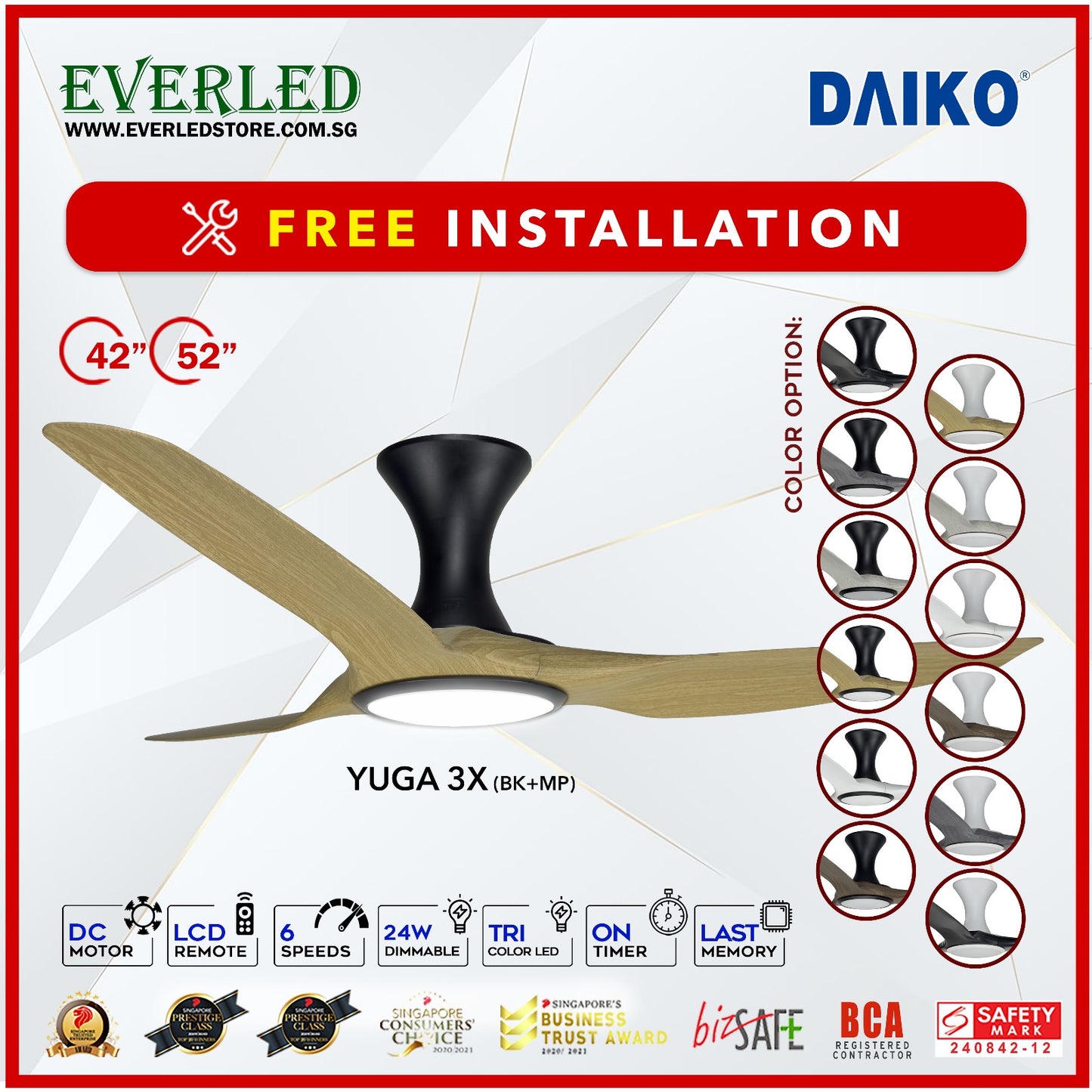 *FREE INSTALLATION* Daiko DC Yuga 3X 52"  with DIMMABLE Tri-color LED (Inverter DC Fan) *CDC & Climate Voucher Accepted in Showroom*