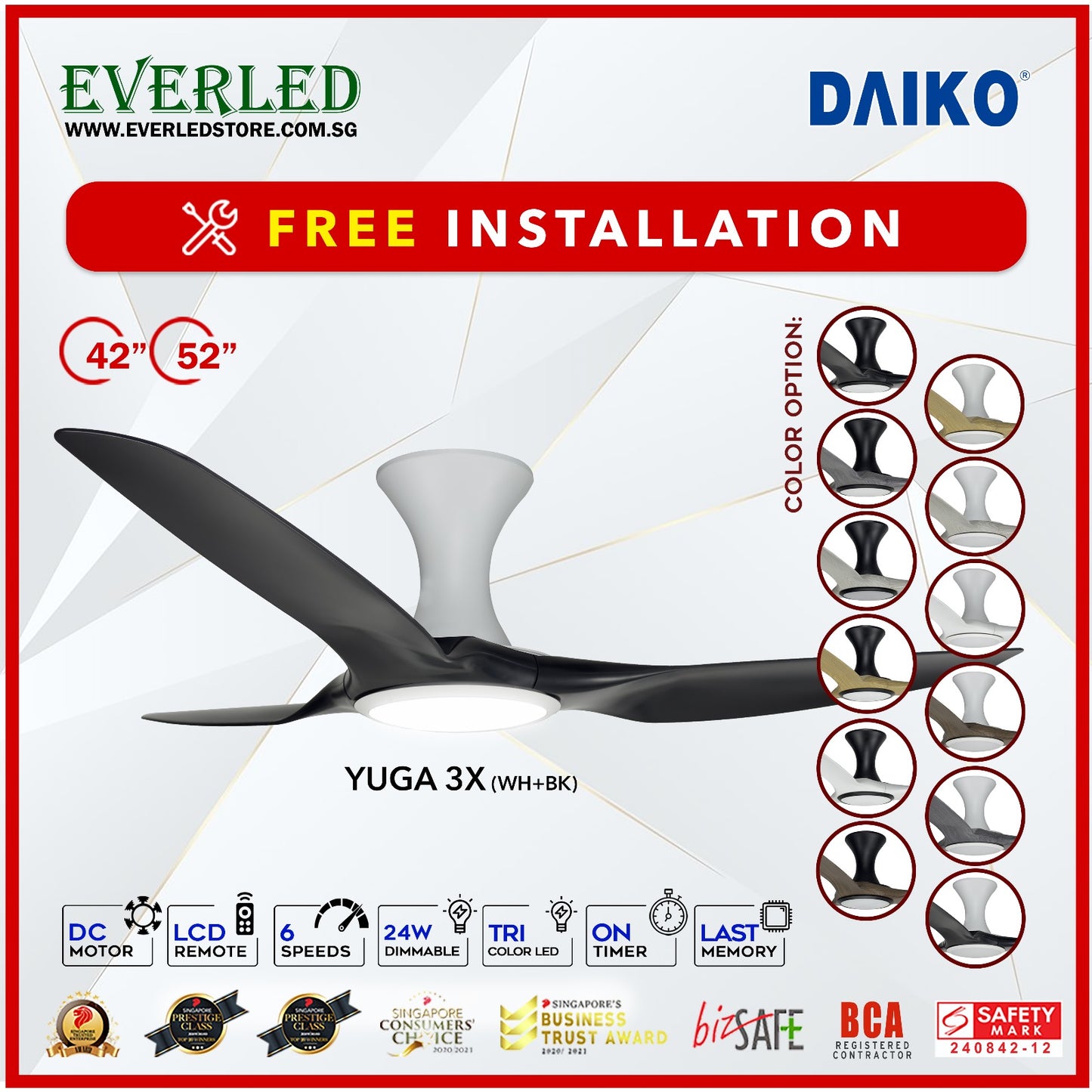*FREE INSTALLATION* Daiko DC Yuga 3X 52"  with DIMMABLE Tri-color LED (Inverter DC Fan) *CDC & Climate Voucher Accepted in Showroom*