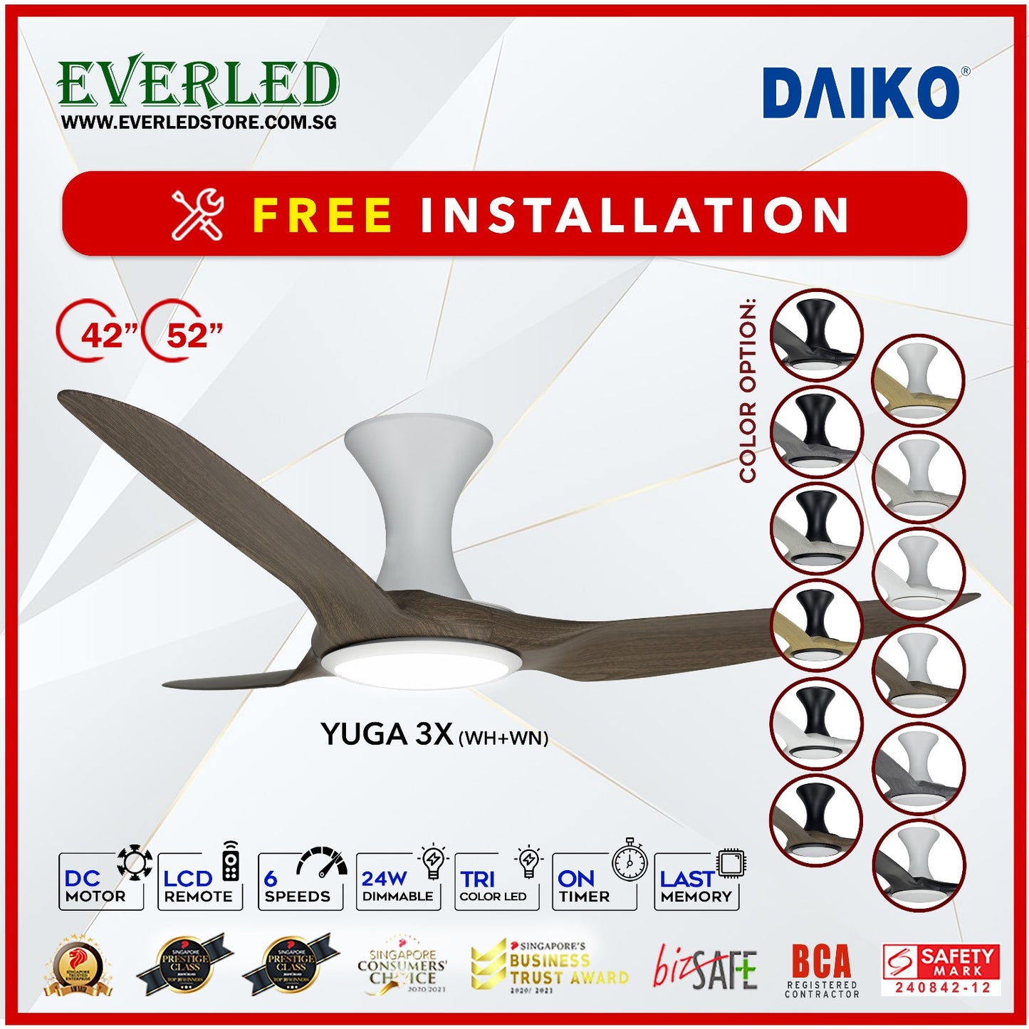*FREE INSTALLATION* Daiko DC Yuga 3X 52"  with DIMMABLE Tri-color LED (Inverter DC Fan) *CDC & Climate Voucher Accepted in Showroom*