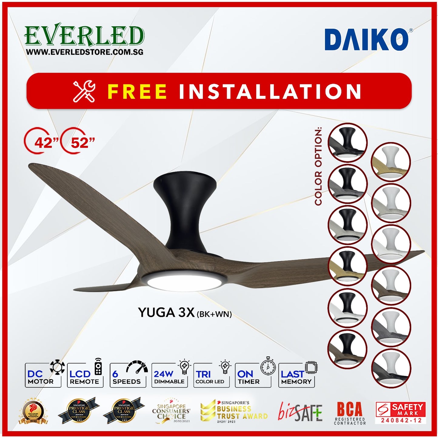 *FREE INSTALLATION* Daiko DC Yuga 3X 52"  with DIMMABLE Tri-color LED (Inverter DC Fan) *CDC & Climate Voucher Accepted in Showroom*