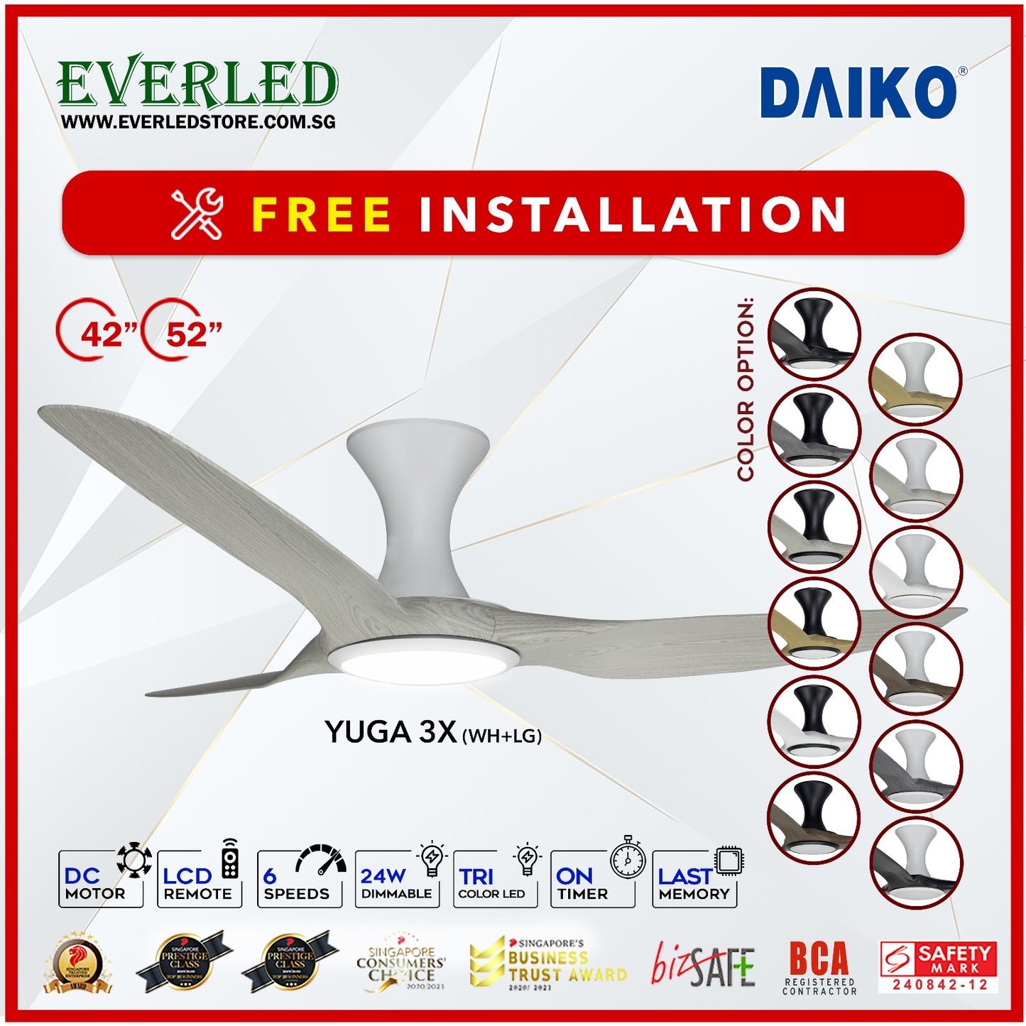 *FREE INSTALLATION* Daiko DC Yuga 3X 52"  with DIMMABLE Tri-color LED (Inverter DC Fan) *CDC & Climate Voucher Accepted in Showroom*