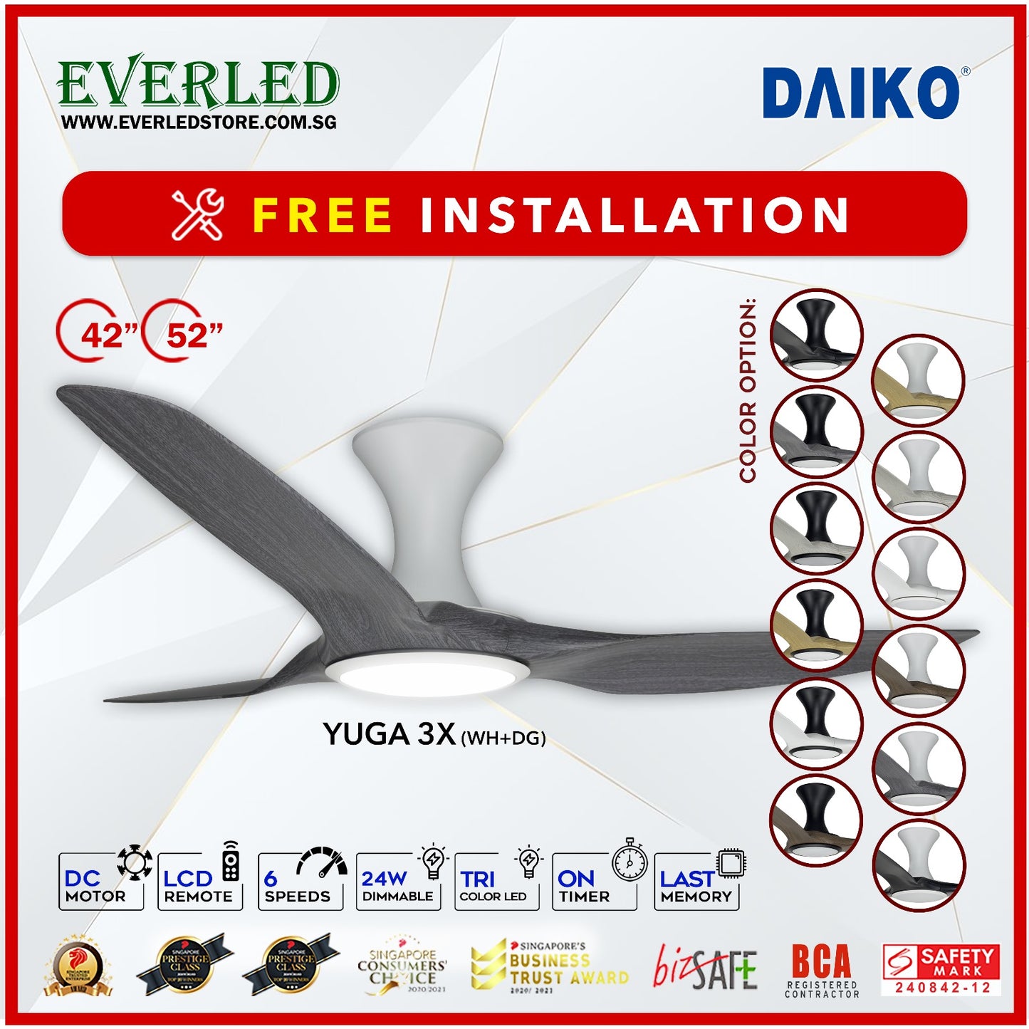 *FREE INSTALLATION* Daiko DC Yuga 3X 52"  with DIMMABLE Tri-color LED (Inverter DC Fan) *CDC & Climate Voucher Accepted in Showroom*