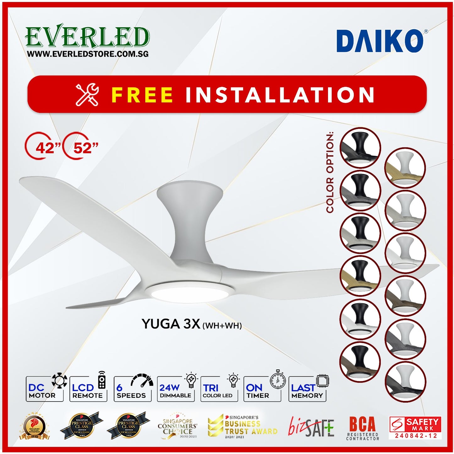 *FREE INSTALLATION* Daiko DC Yuga 3X 52"  with DIMMABLE Tri-color LED (Inverter DC Fan) *CDC & Climate Voucher Accepted in Showroom*